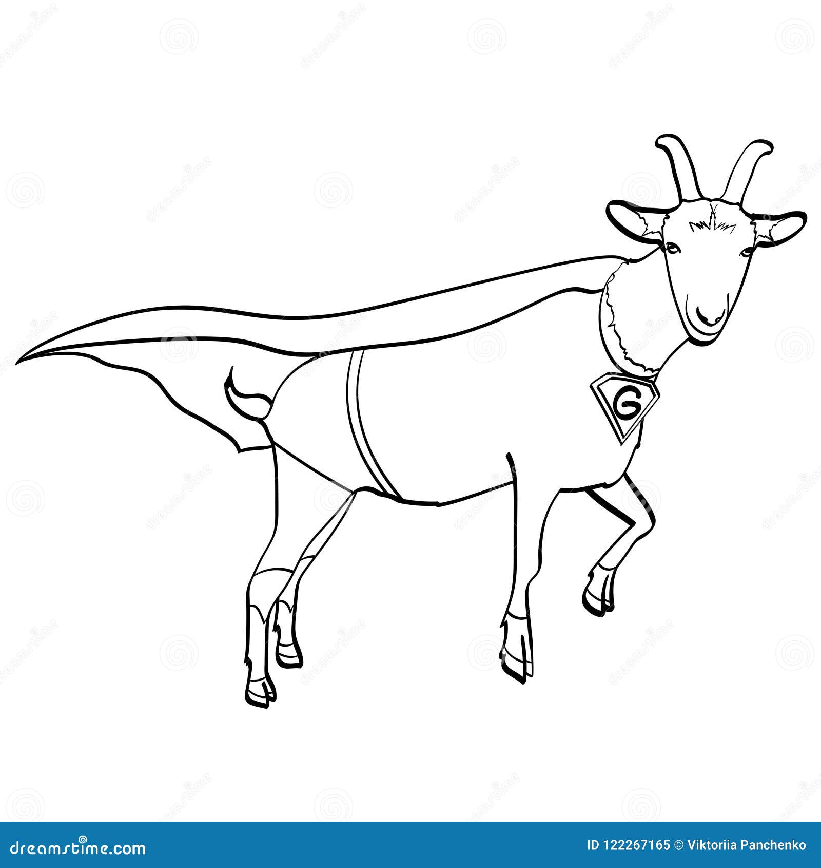  object coloring, black lines, white background. flies goat animal dressed as superhero with clothes vigilante