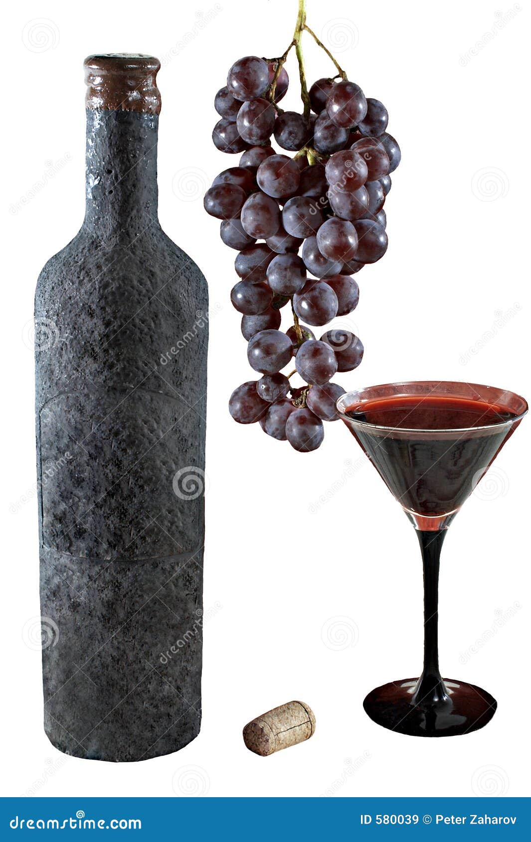 Isolated Old Bottle of Wine with a Full Beaker of Wine, Bunch of Grapes