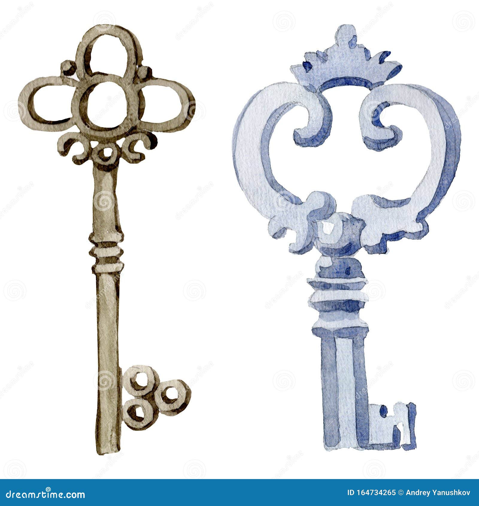 Isolated Old Key Illustration Element. Watercolor Background