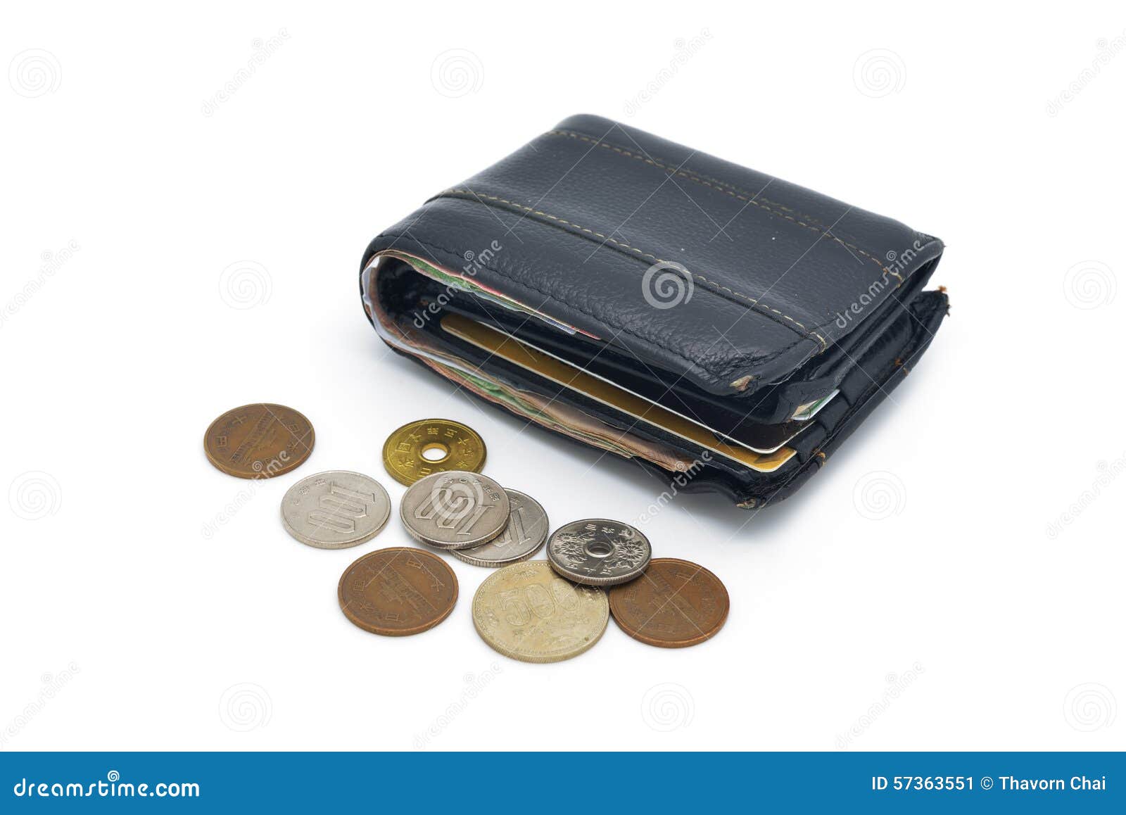 Isolated Old Used Leather Wallet And Coins Stock Image - Image of funds, business: 57363551