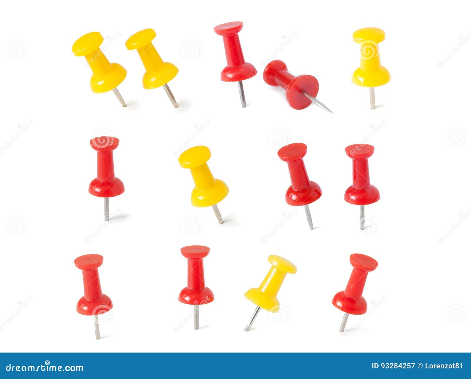  red and yellow push pins in white background