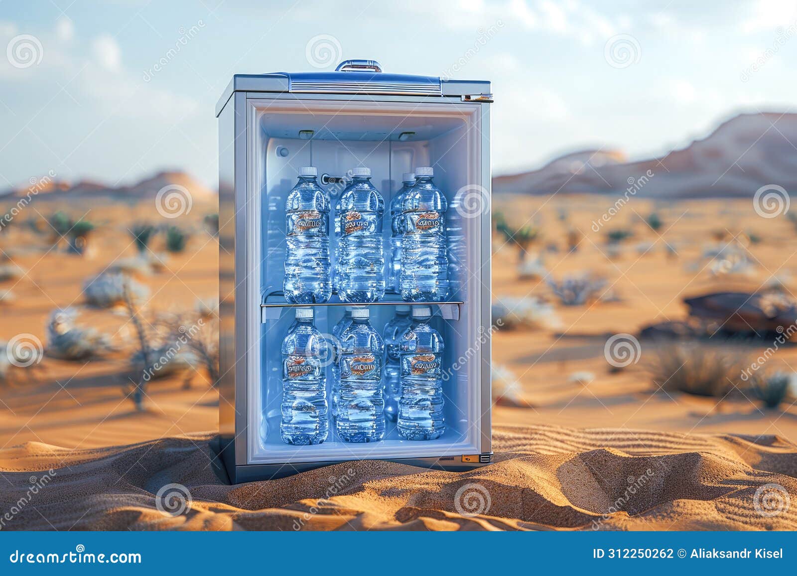 refrigerator in desert landscape, revealing chilled water bottles inside. izes oasis-like refreshment