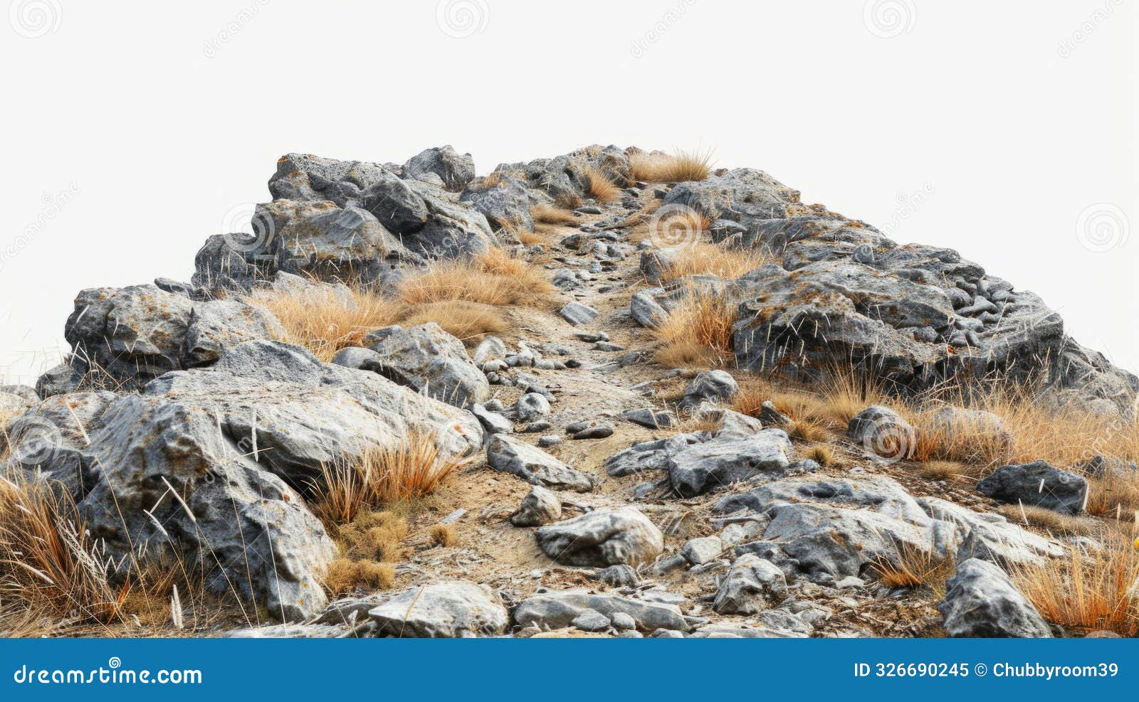  rocky mountain path with dry grass patches against a white background suitable for  of challenge, journey, and