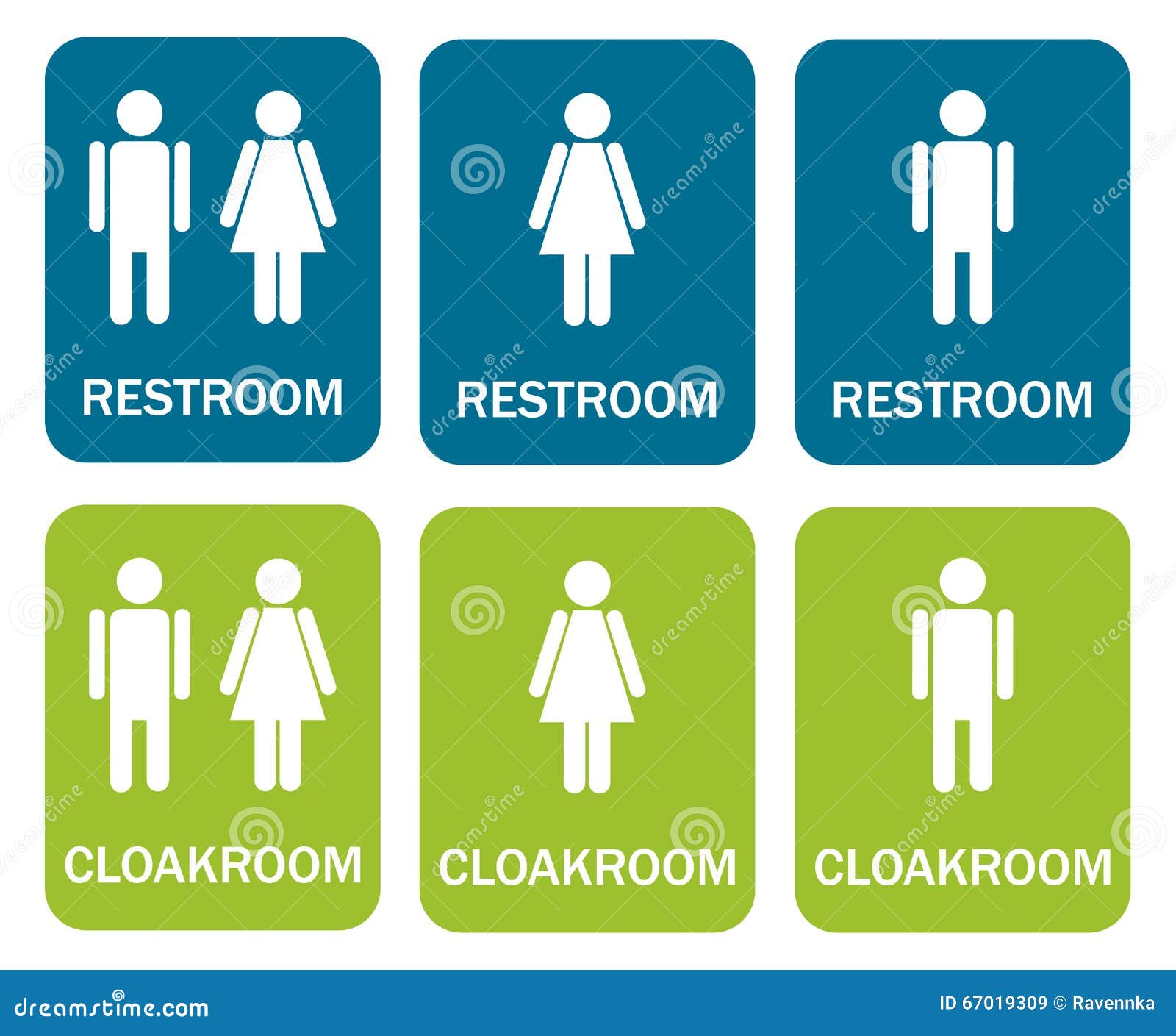 6  signs - 3 for restroom and 3 for cloakroom