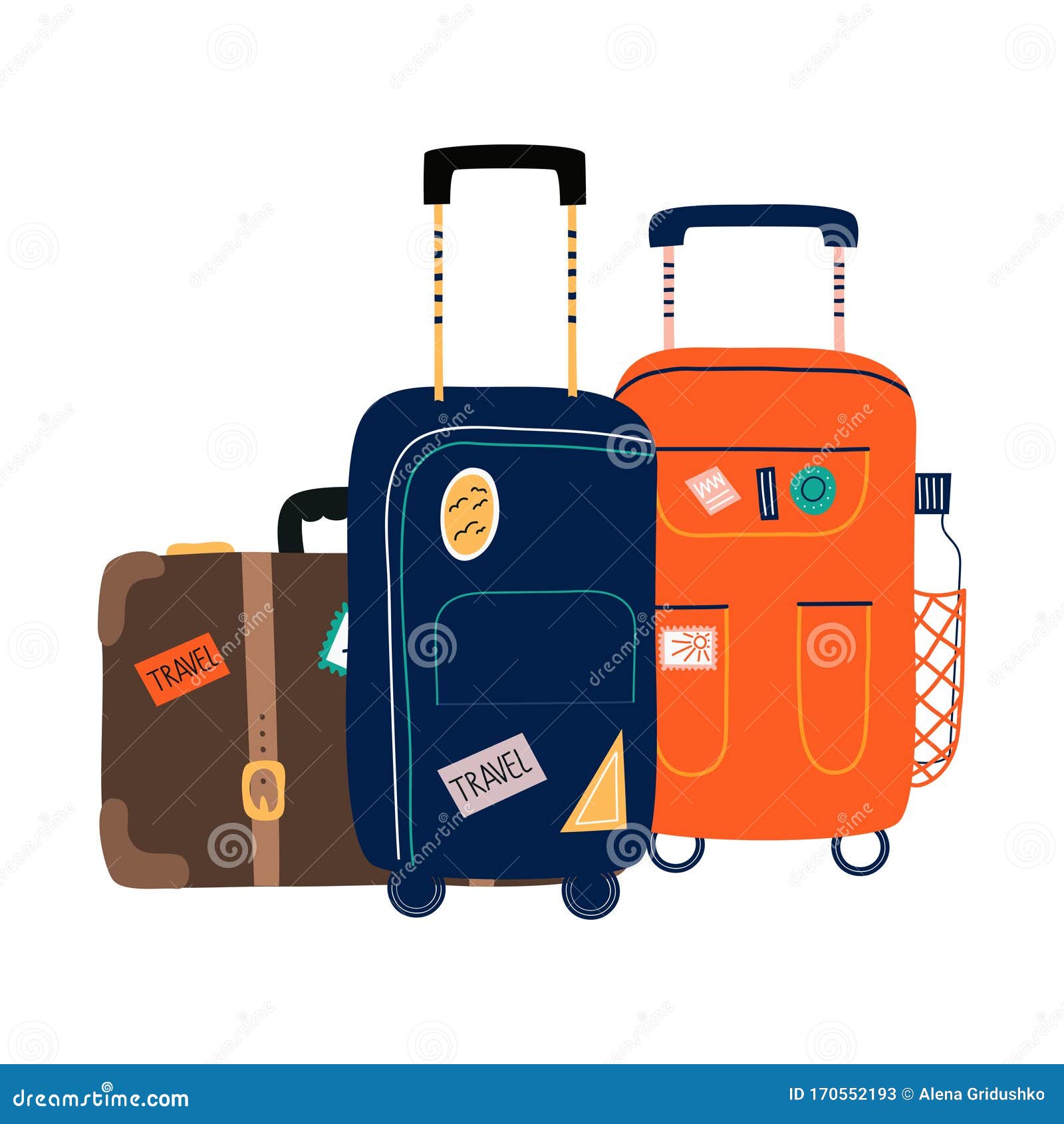 Isolated Suitcases with Wheels. Travel Bag with Various Stickers.Hand ...