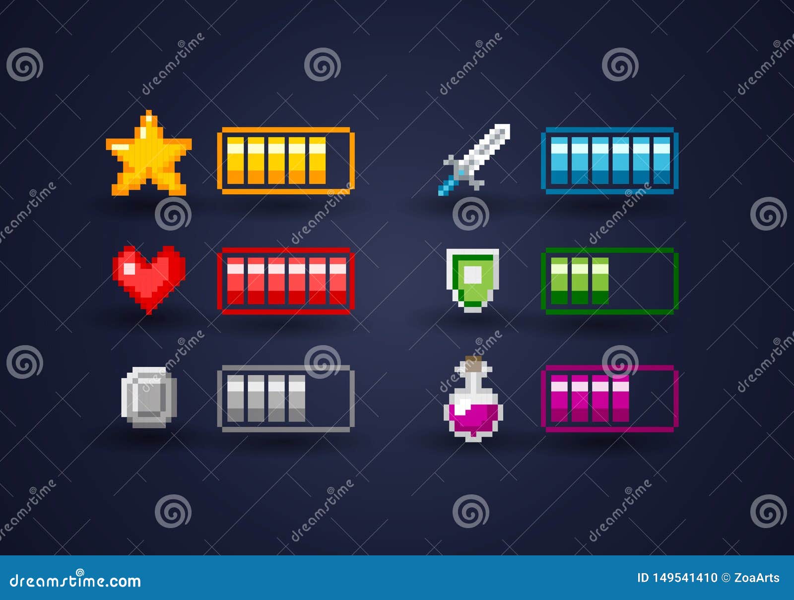  vecor pixel art video game interface icon set