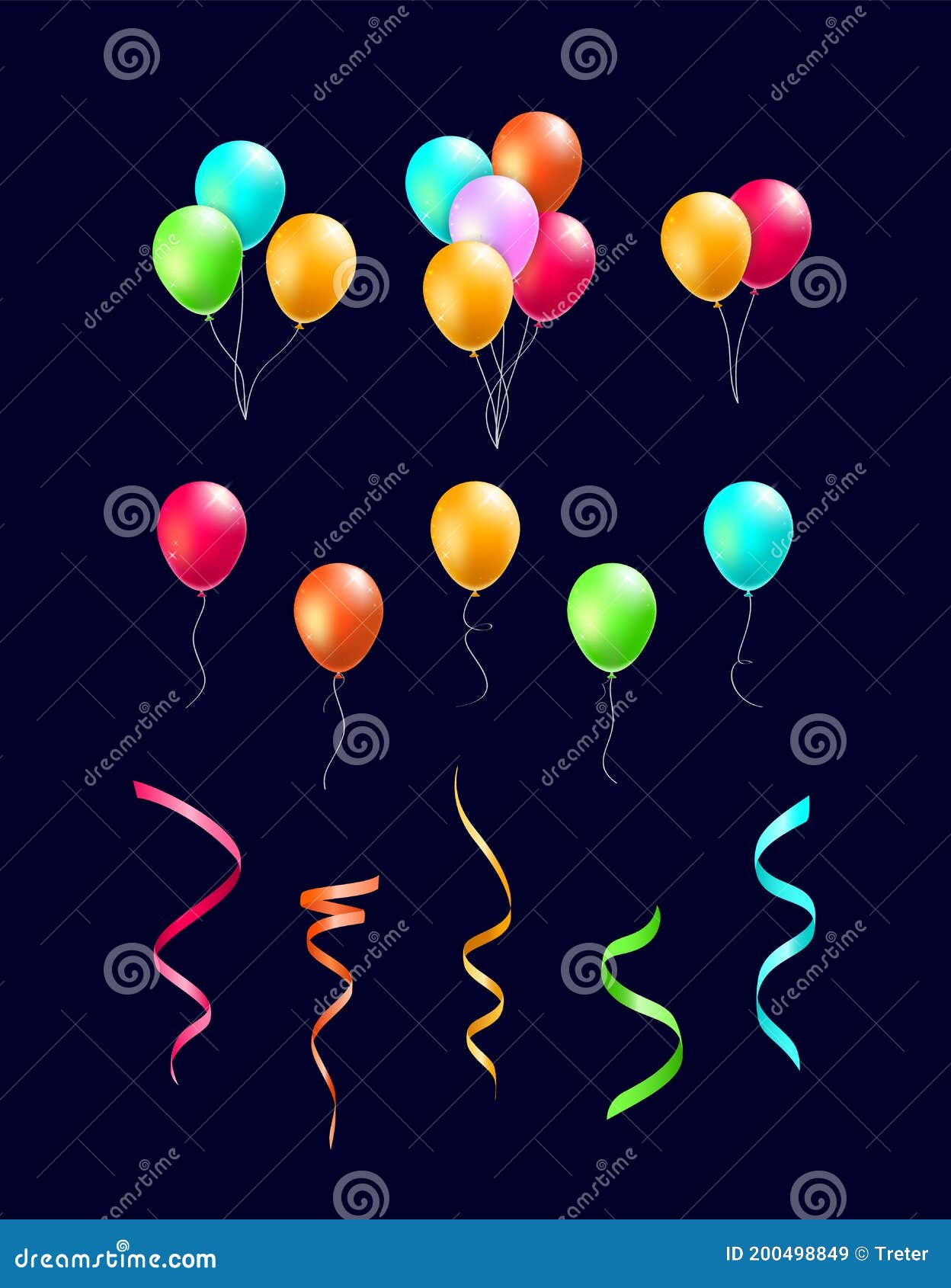 Set of Realistic Isolated Colorful Party Elements on Black Background