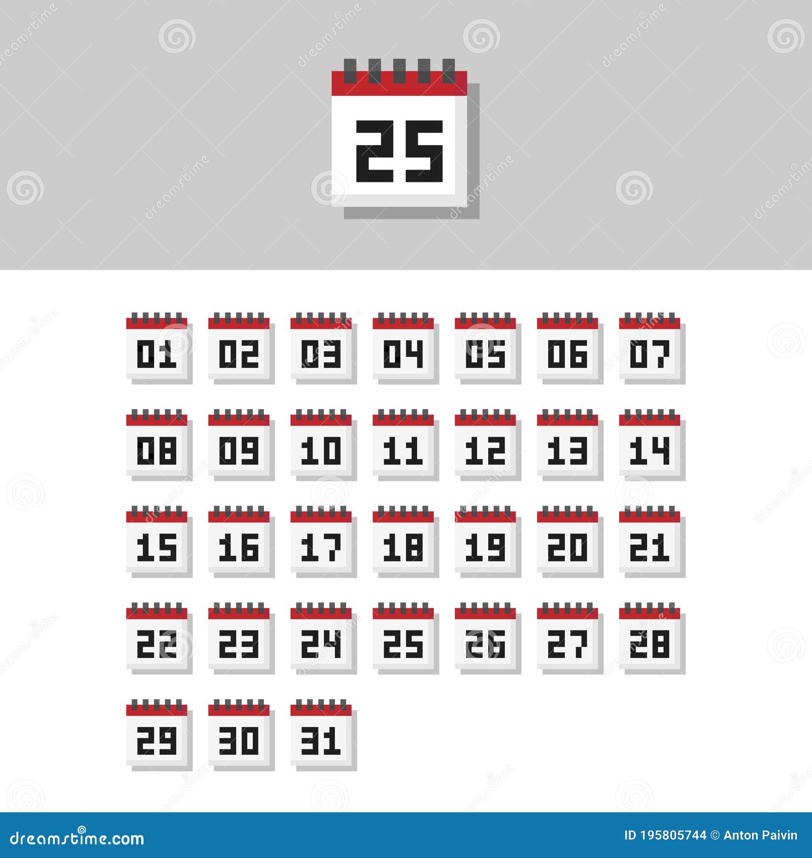 Pixel Art 8bit from 1 To 31 Day Month Calendar Icon Set Isolated