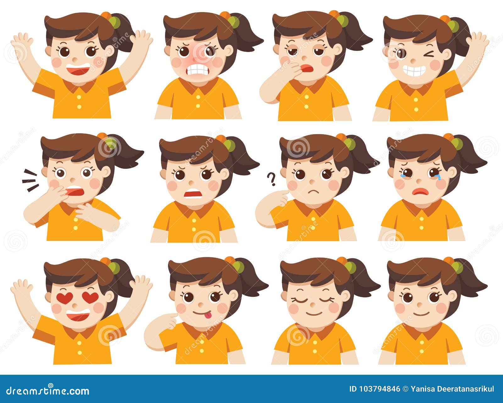 set of adorable girl facial emotions.