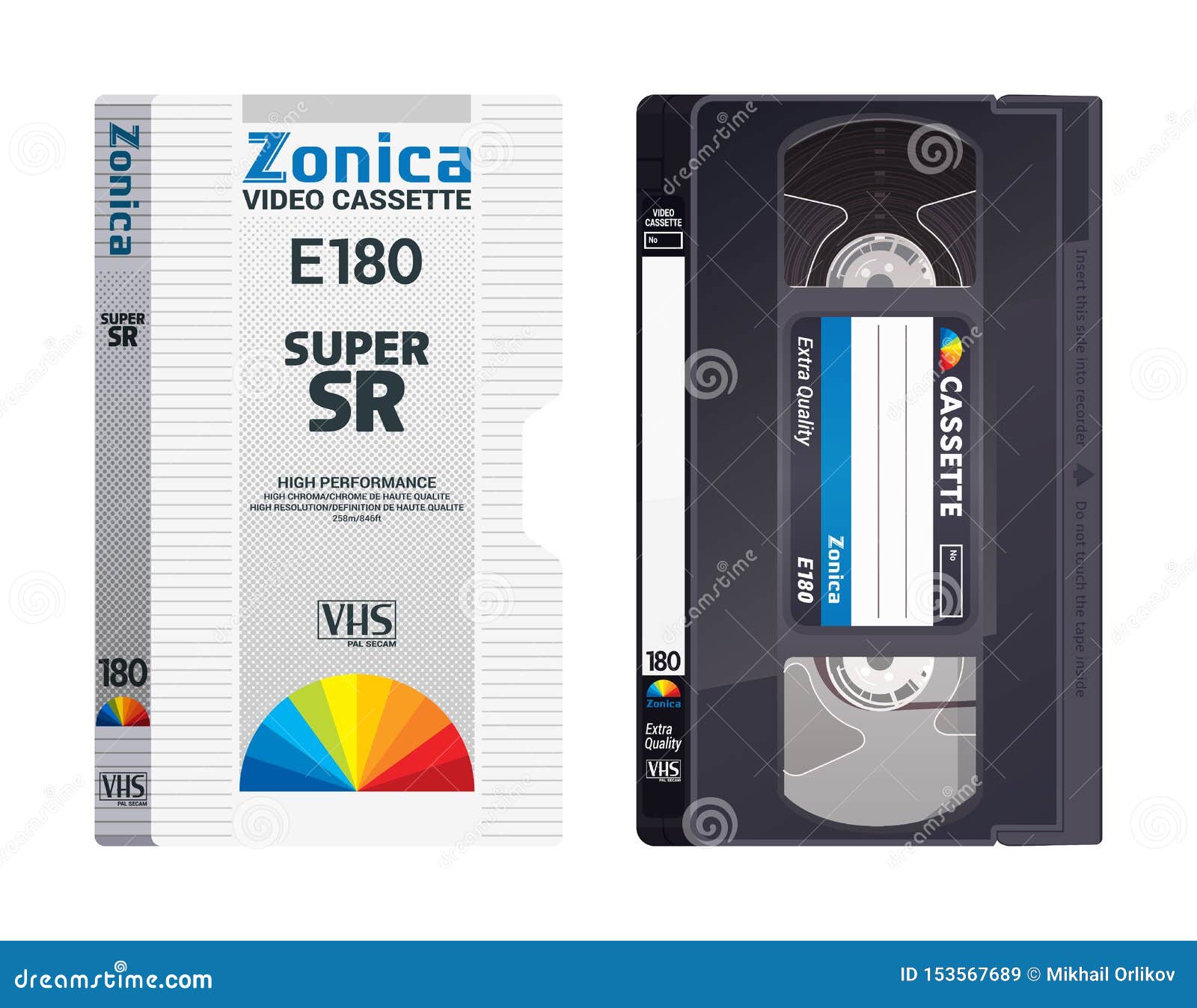 Isolated Vintage VHS Tape with Cover. Vector Colored Illustration on