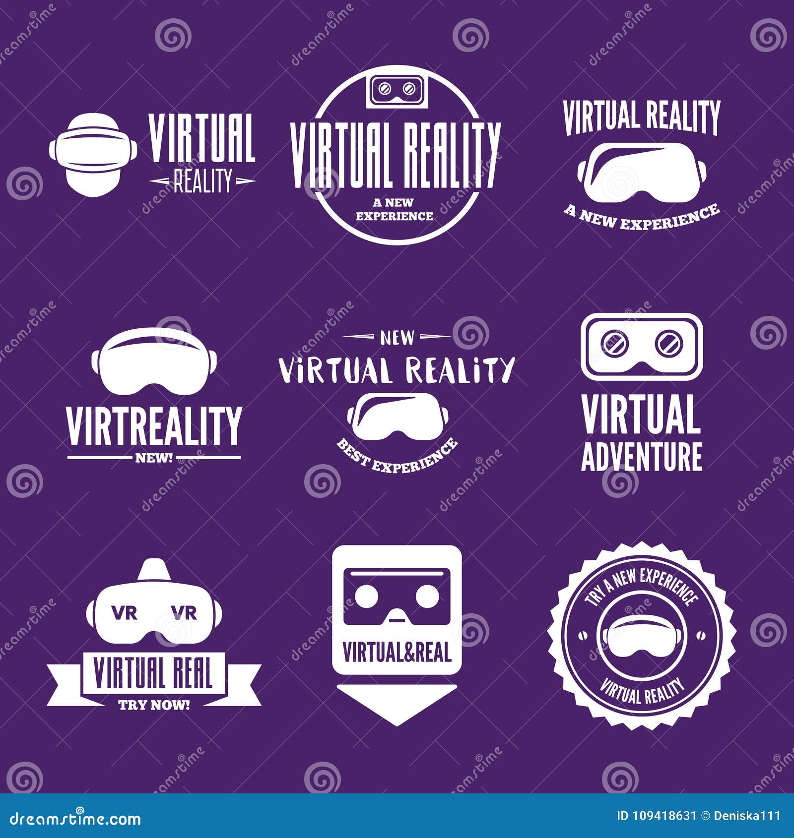  vr headset logotype set. virtual reality helmet logo. head-mounted display icon collection. logo device.