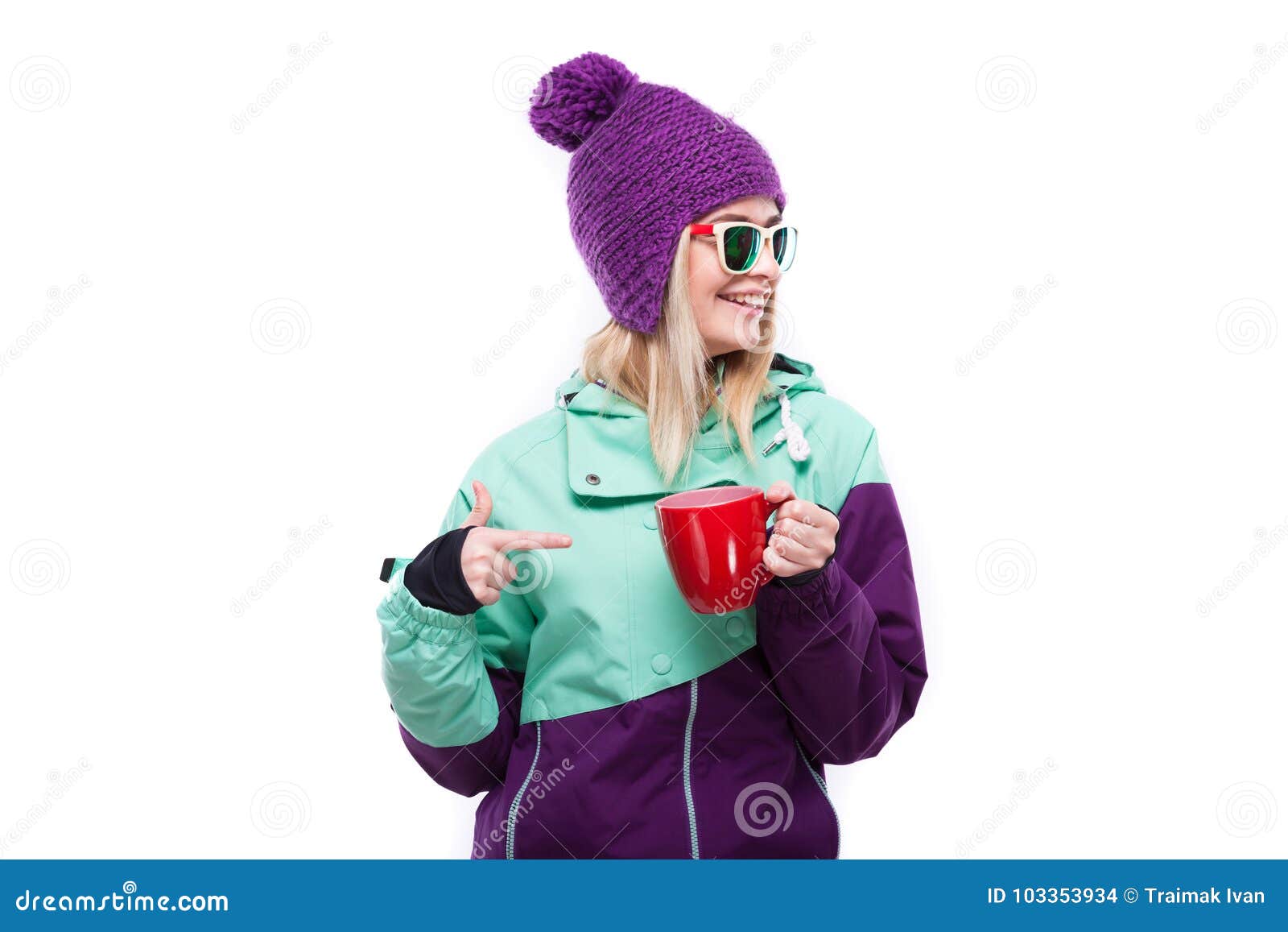 Young Attractive Woman in Purple Ski Suit Hold Red Cup Stock Photo ...