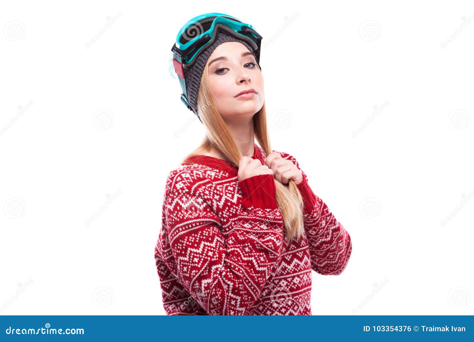 Attractive Young Woman in Red Pullover and Blue Ski Glasses Stock Photo ...