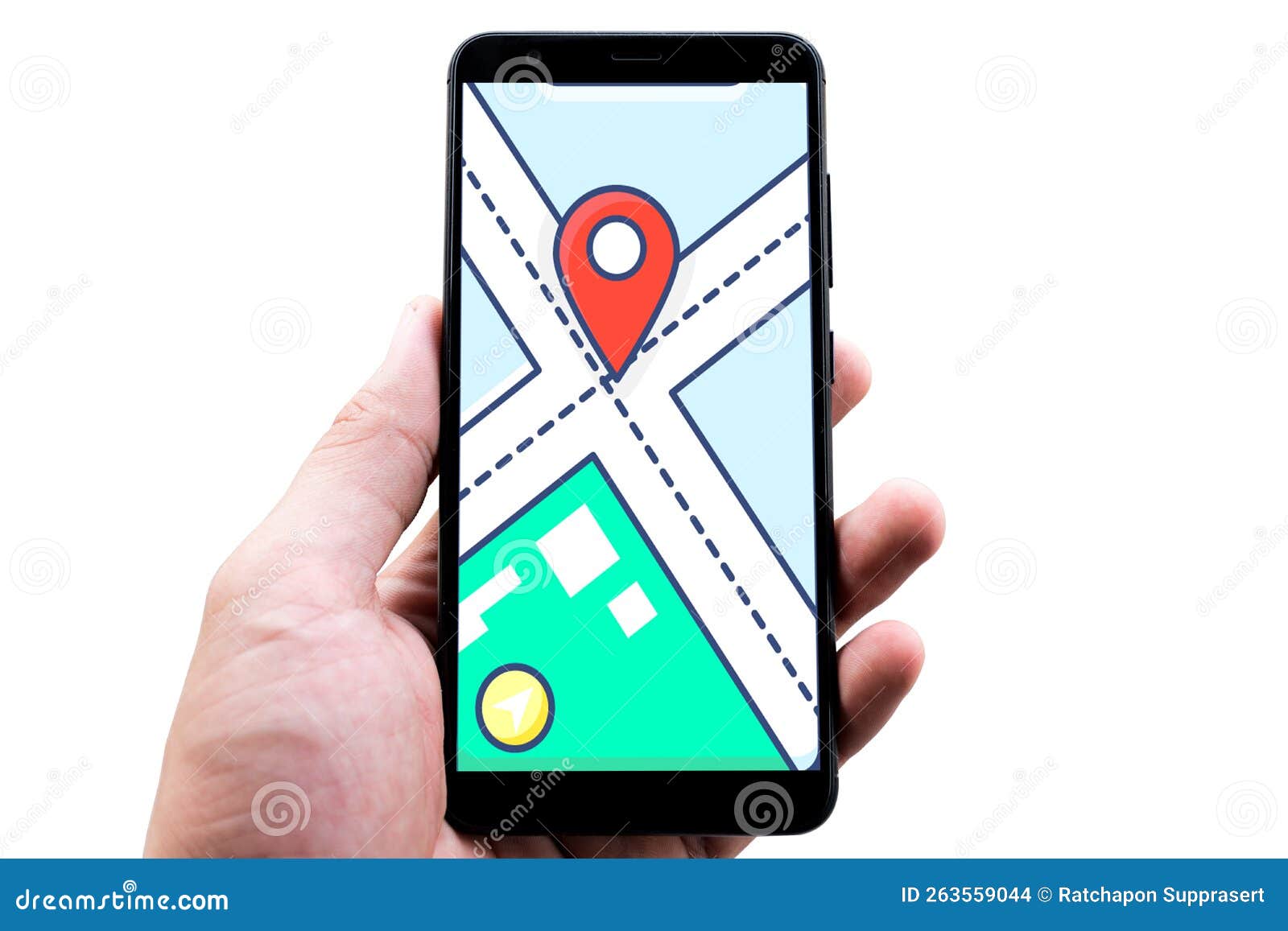  on white background hand hold smartphone with navigate map on display and clipping path