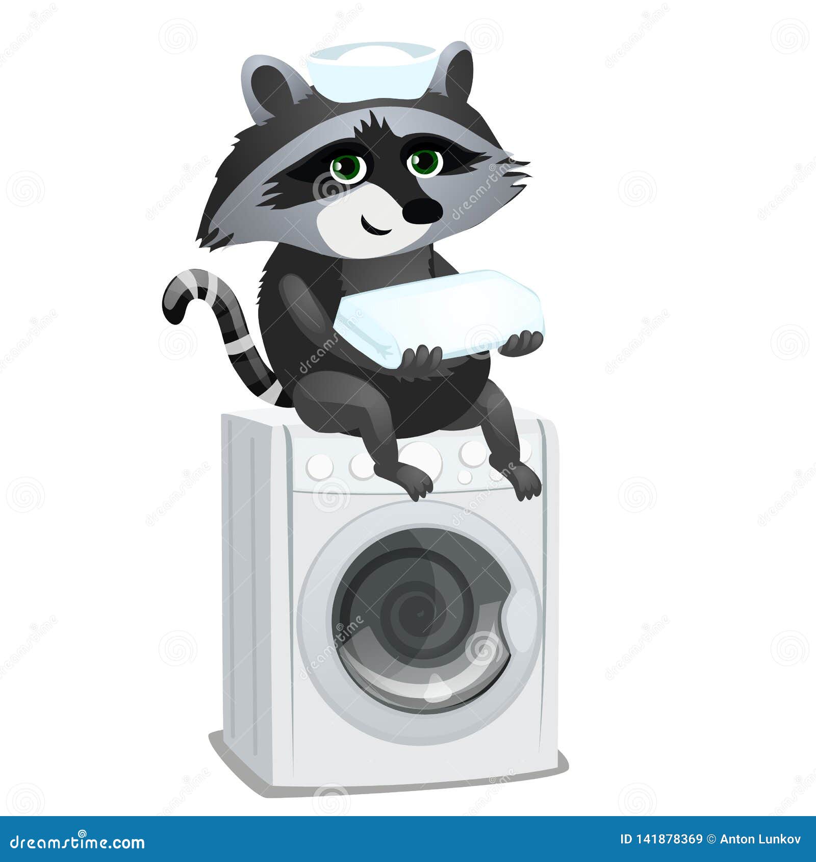 raccoon maid sitting on washing machine  on white background.  cartoon close-up .
