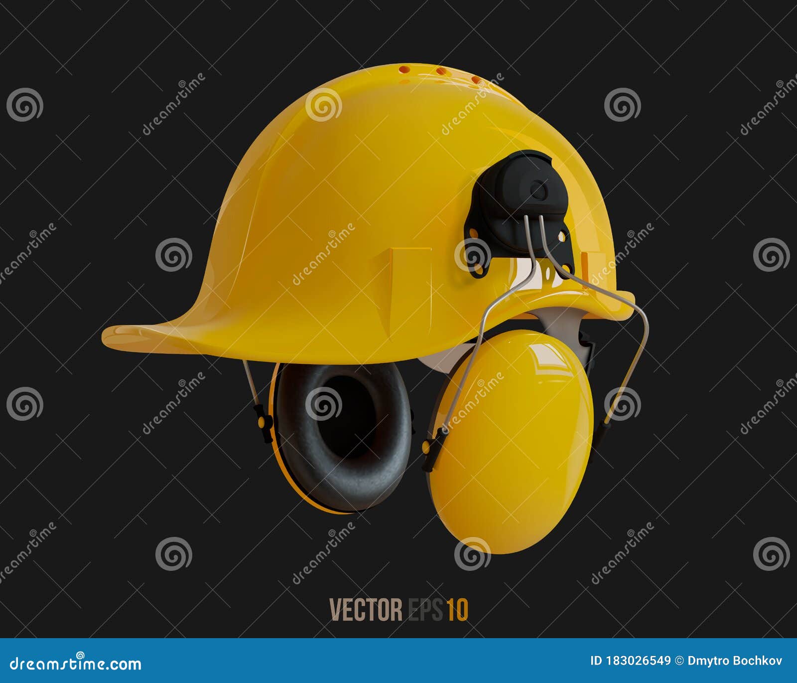 Isolated Yellow Hard Hat with Ear Defenders. Realistic 3D Vector Illustration Stock Illustration