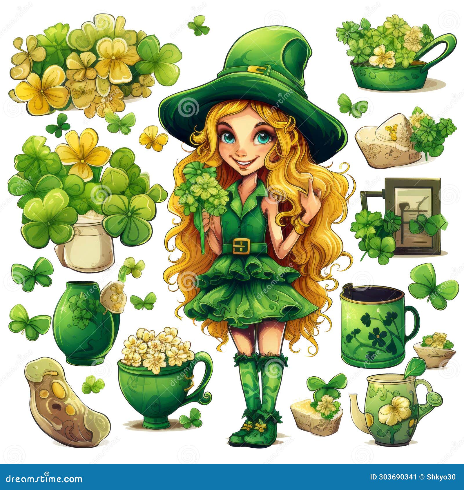 Isolated Young Female Leprechaun Fairy with Very Long Hair and Her
