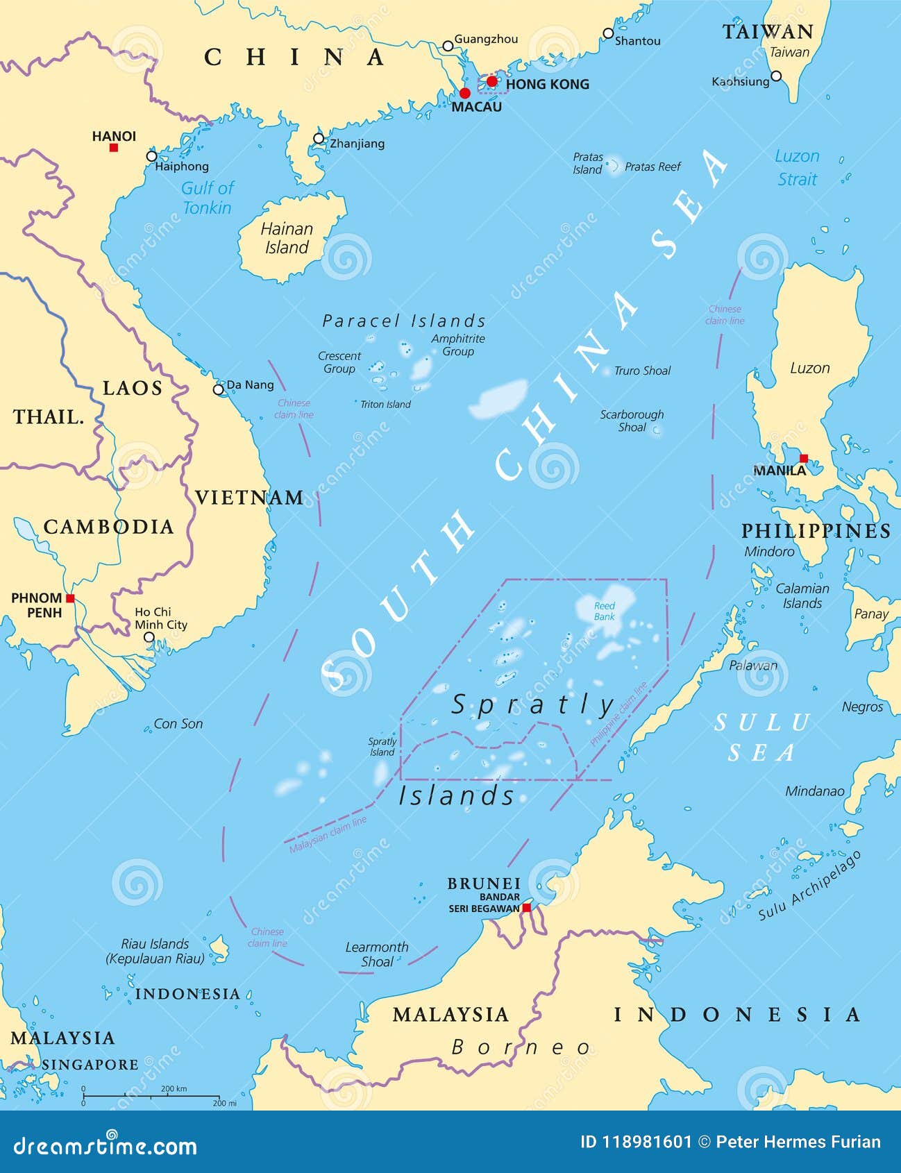 Isole Di Mare Della Cina Meridionale, Mappa Politica Illustrazione Vettoriale - Illustrazione di conflitto, cina: 118981601