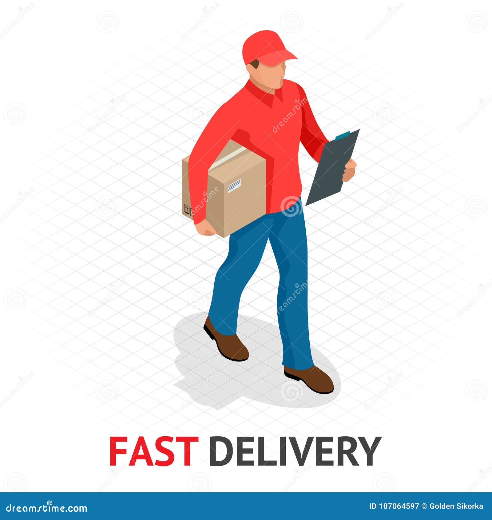isomeric fast delivery concept. delivery man in red uniform holding boxes and documents. courier order, worldwide