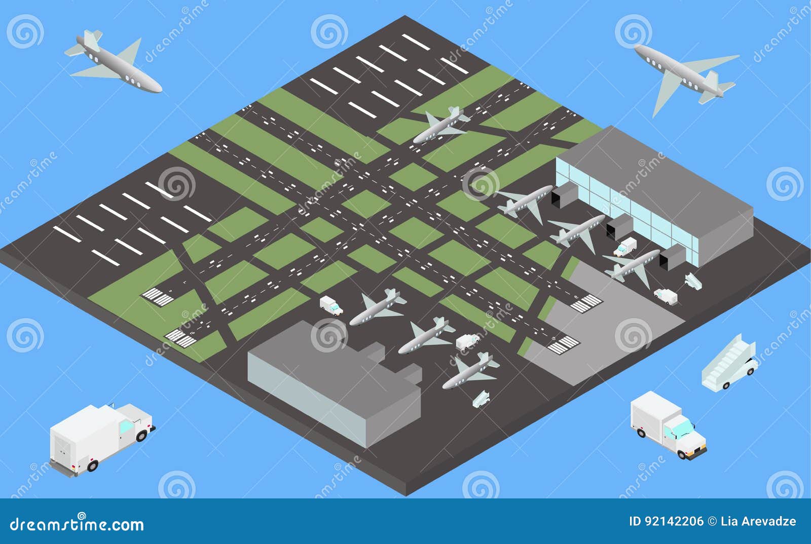 Isometric Airport Buildings, Airplanes on the Apron and Runway Stock