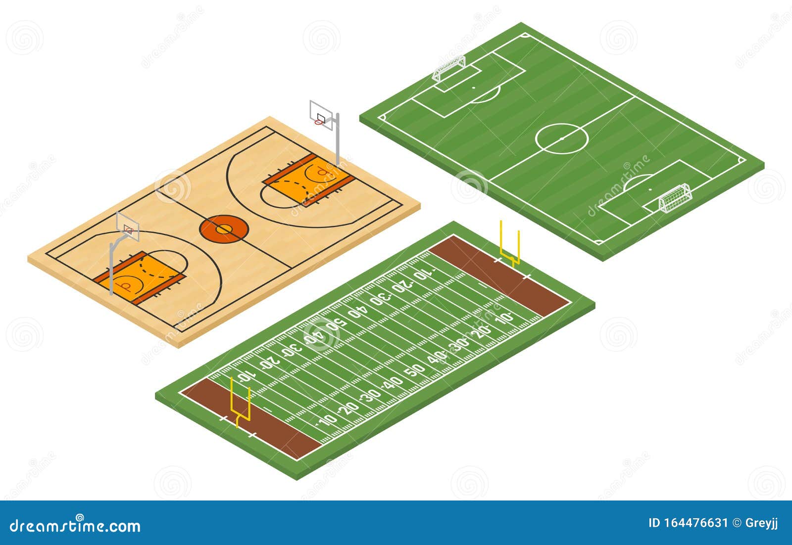 Isometric American Football and Soccer Fields and Basketball Court