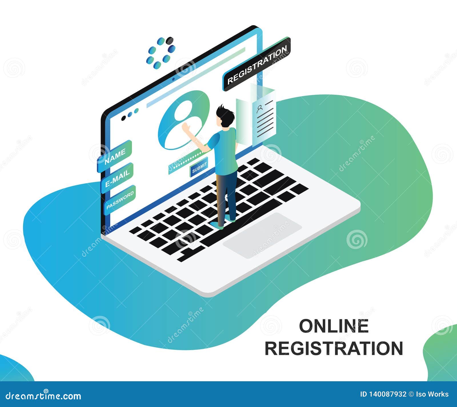 isometric artwork concept of a man using online registration process.