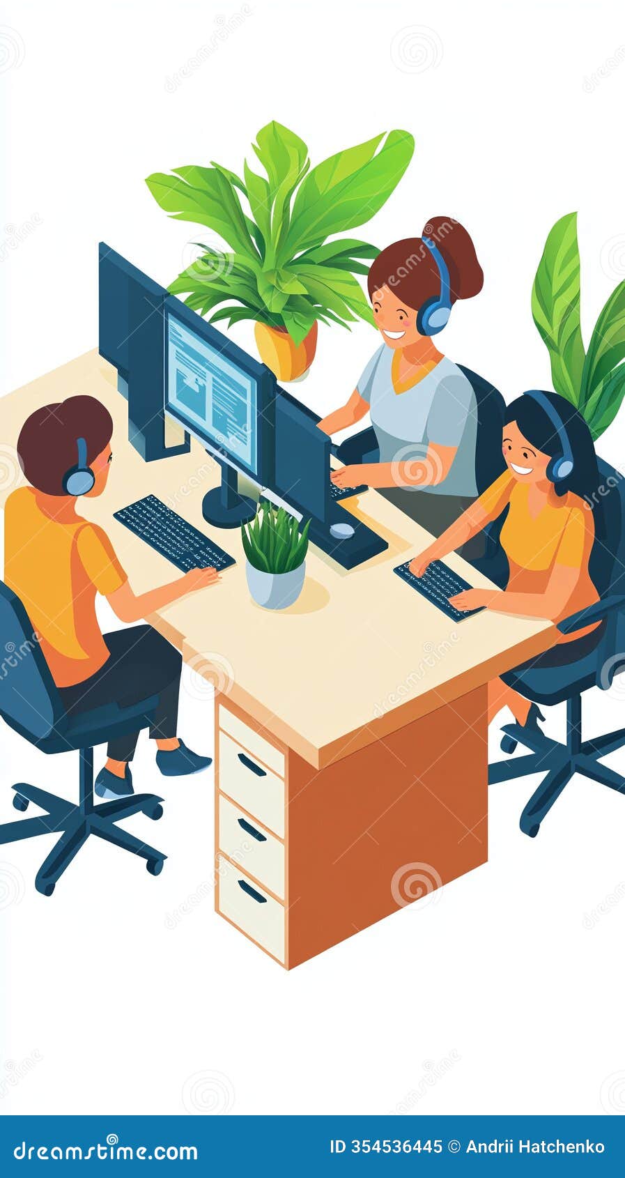 isometric avatars of happy customer support workers interacting through digital platforms.