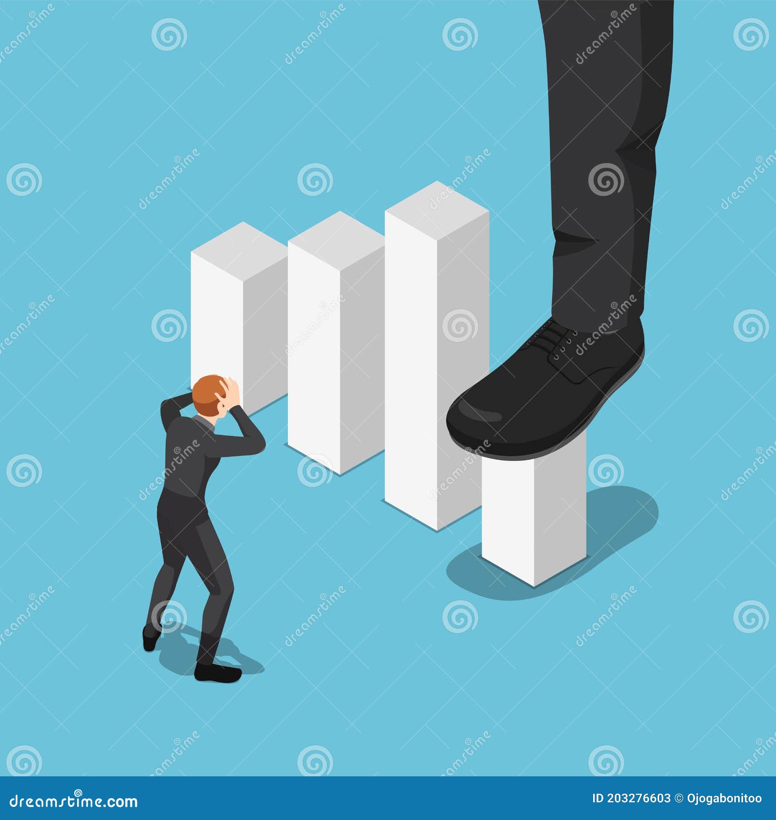 Isometric Big Businessman Foot Stepping on and Stop Growing Business