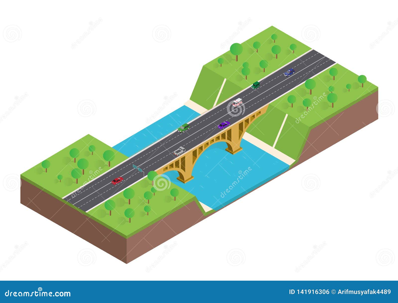 Isometric Bridge Over the River Stock Vector Illustration of highway