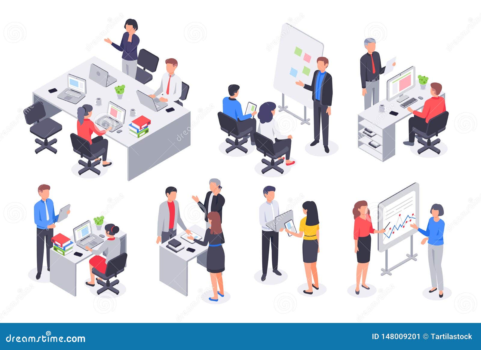isometric business office team. corporate teamwork meeting, employee workplace and people work 3d  