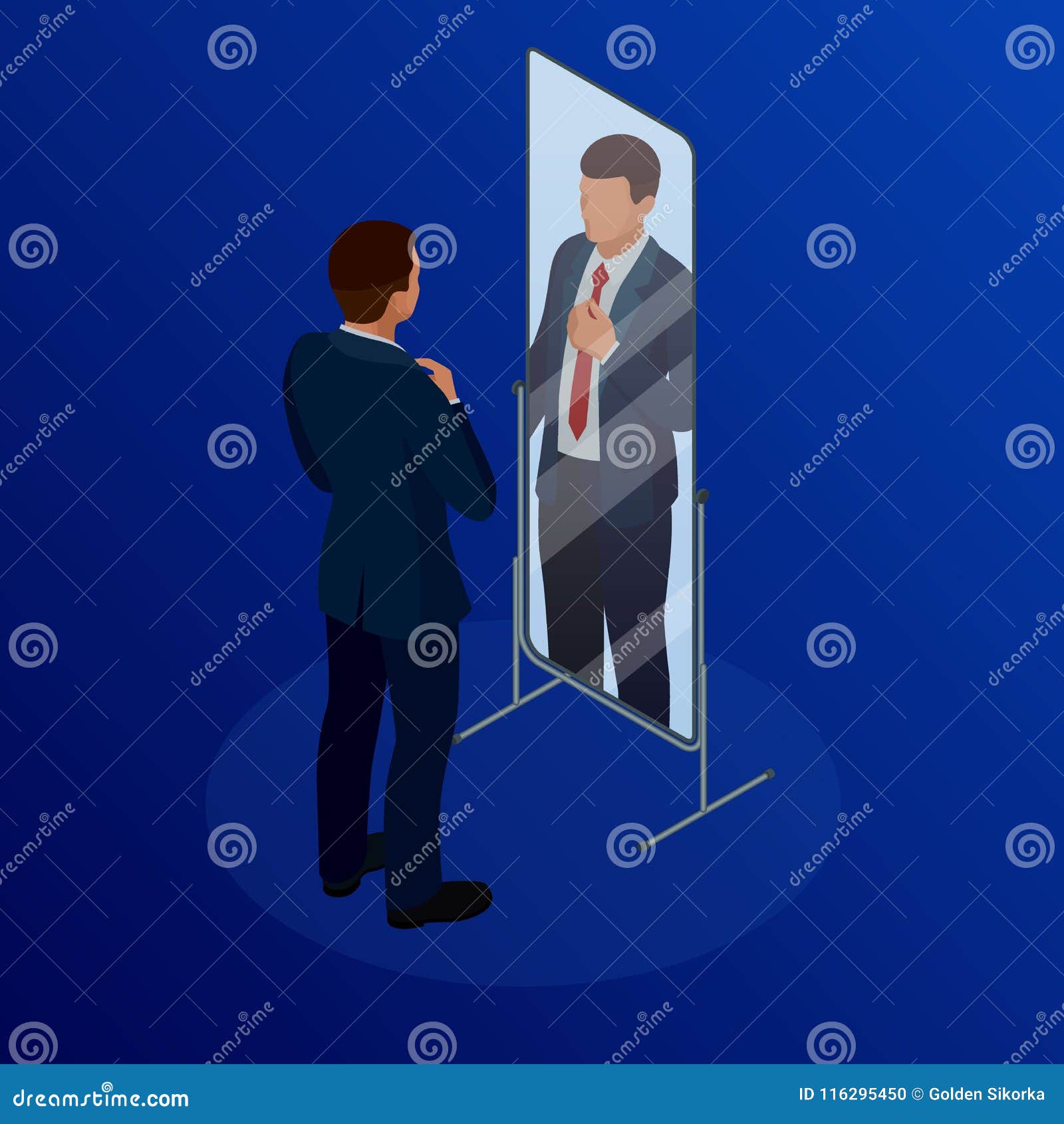 Isometric Businessman Adjusting Tie in Front of the Mirror. Man