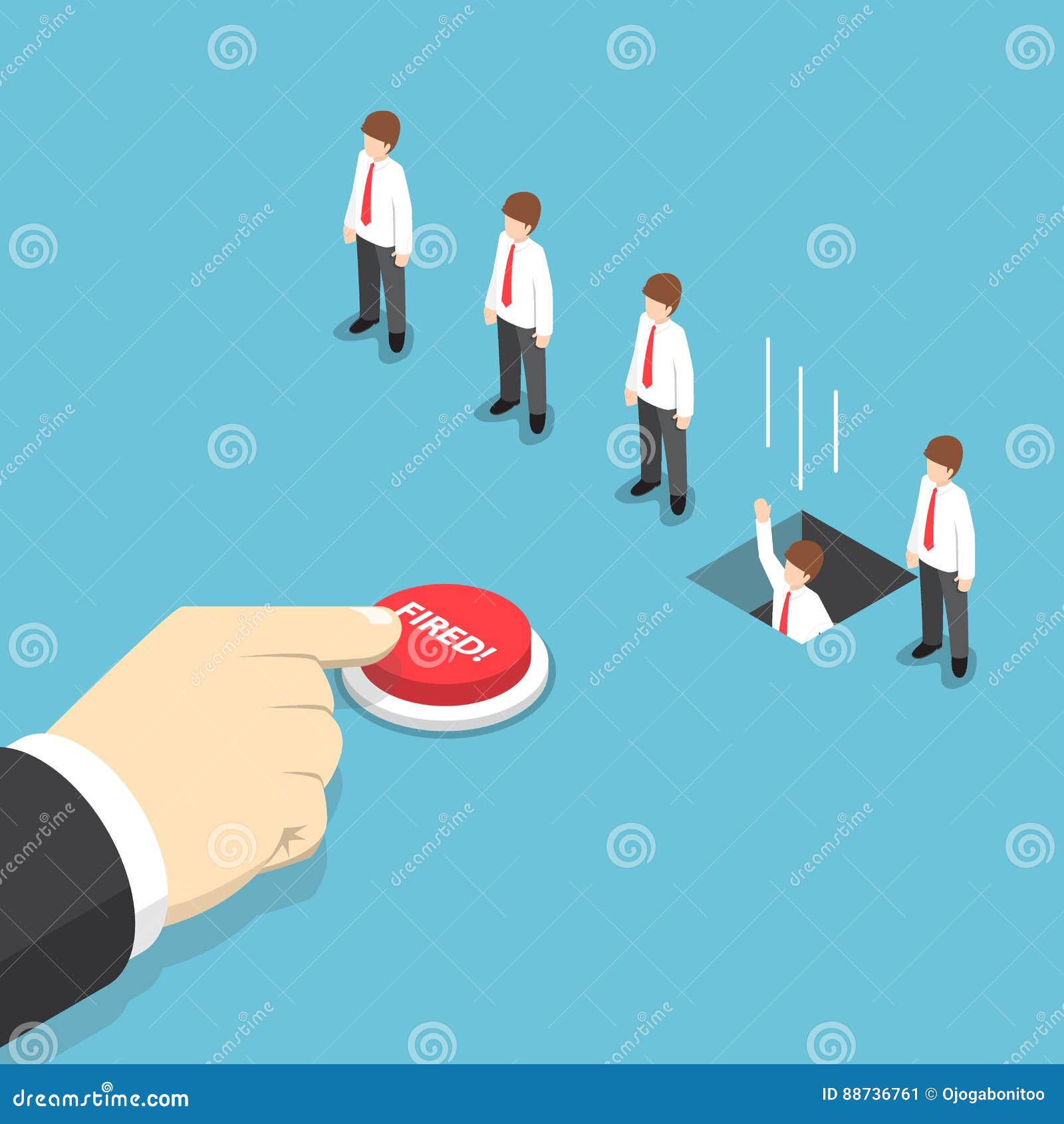 isometric businessman hand pushing fired button to layoff his em