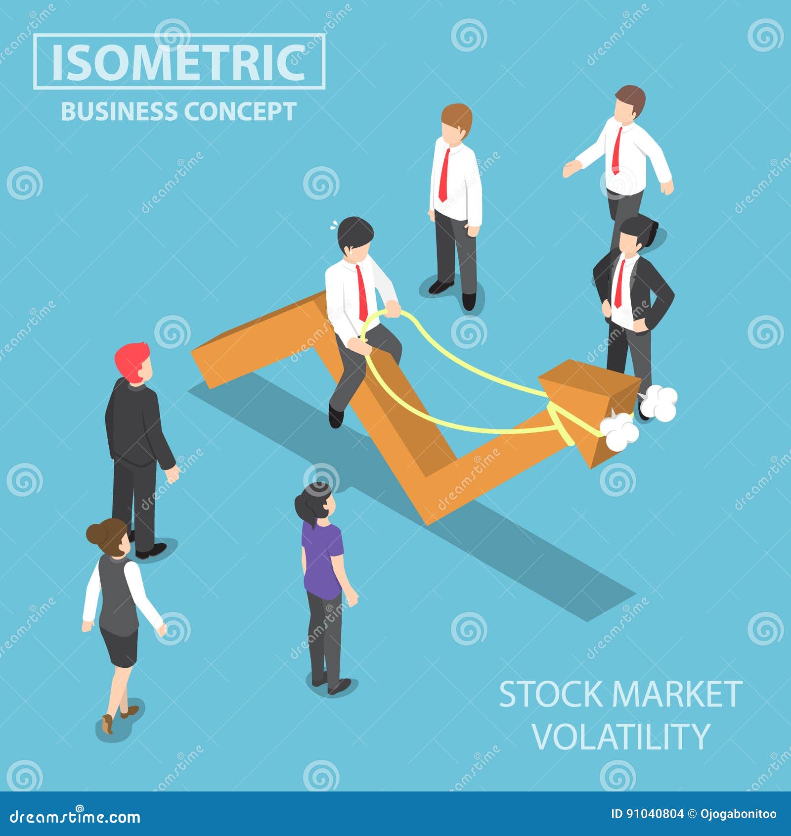 isometric businessman riding skittish stock market graph