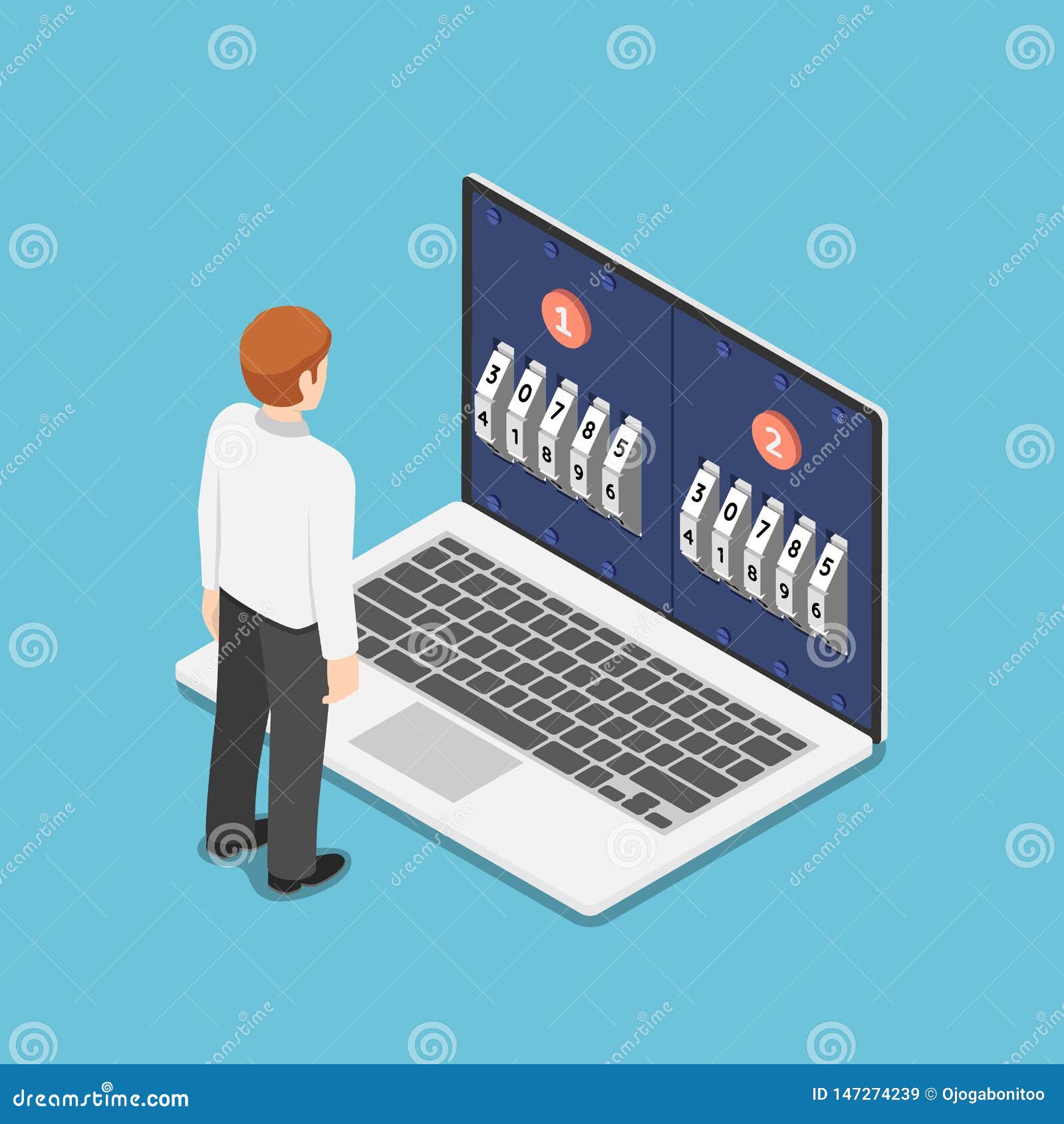 isometric businessman standing in front of laptop with two step password verification