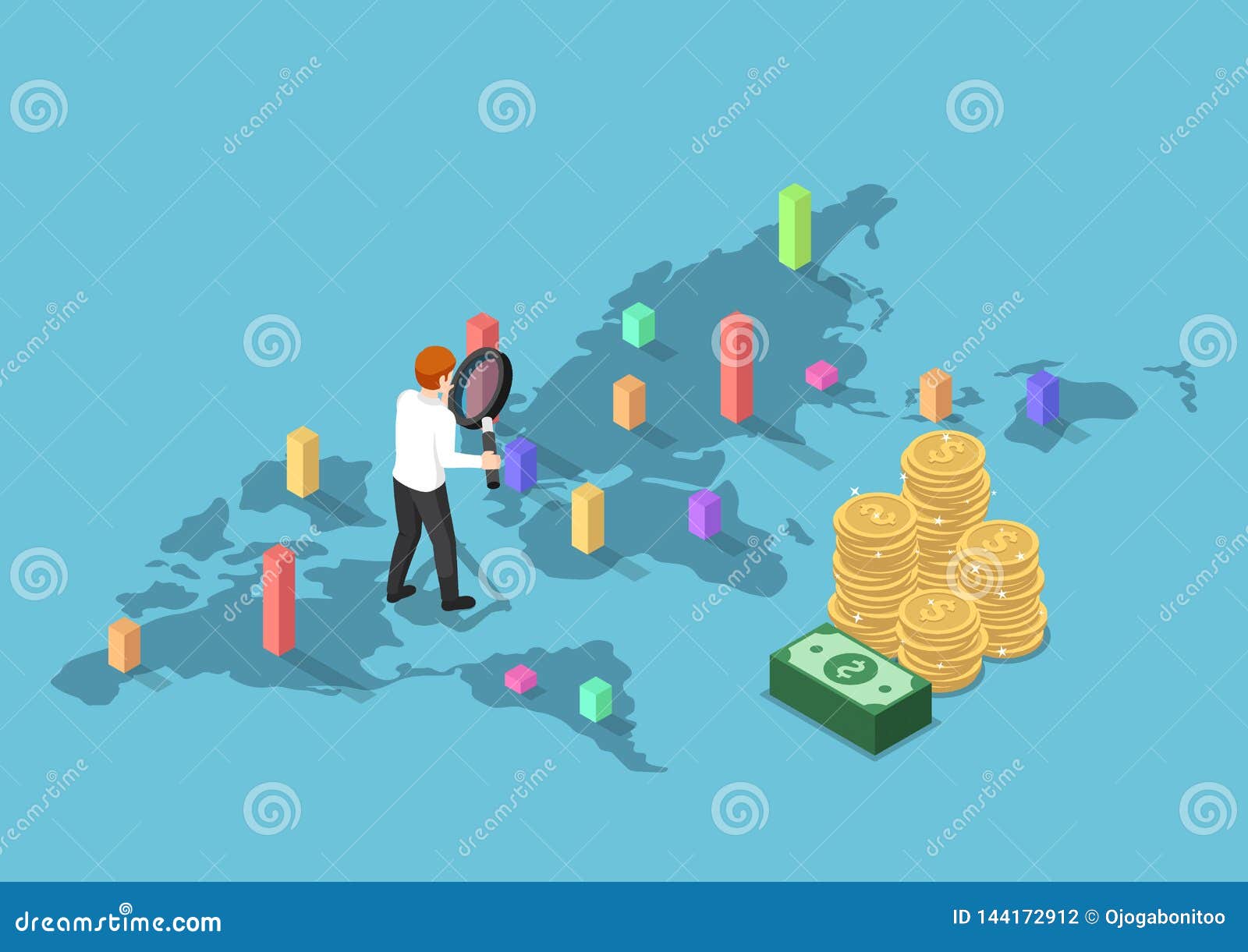 isometric businessman use magnifying glass to analyse graph each country on world map