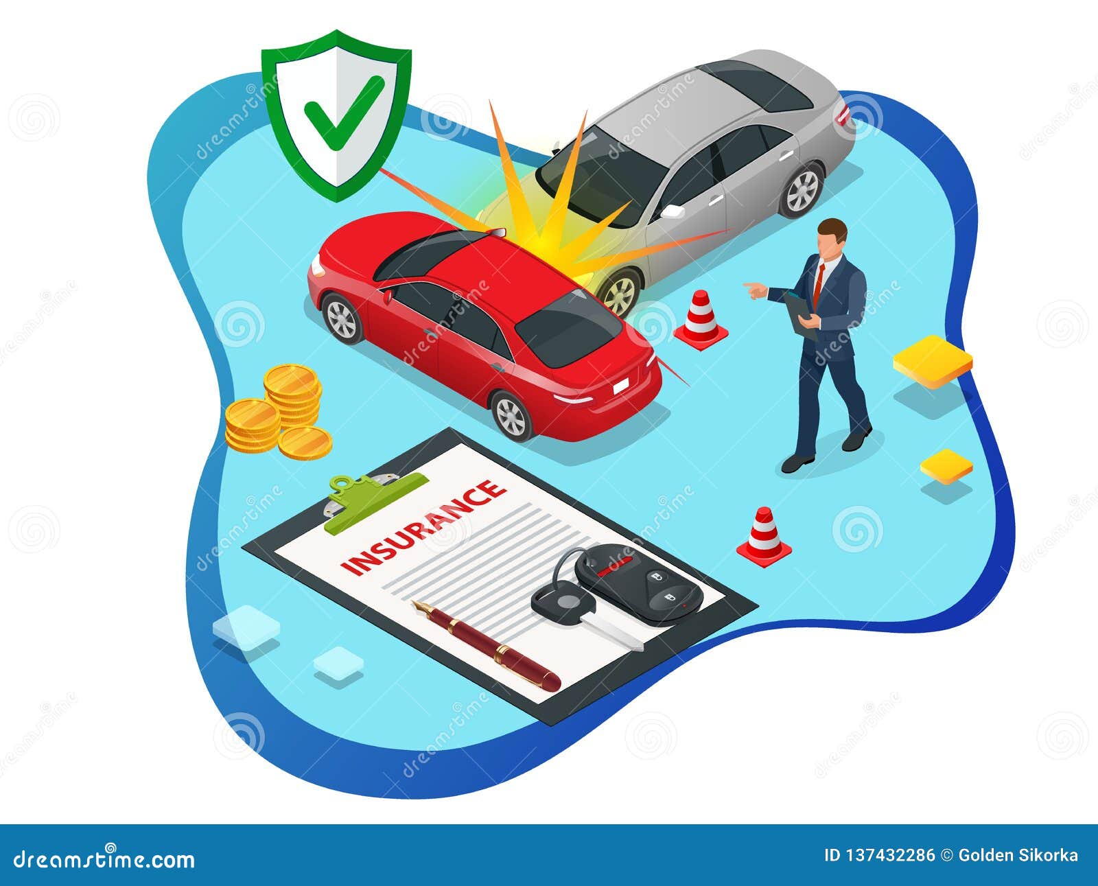 Isometric Car Insurance Services Auto Insurance Policy With Cash And Key Fob Protection From Danger Providing Stock Vector Illustration Of Guaranty Care 137432286