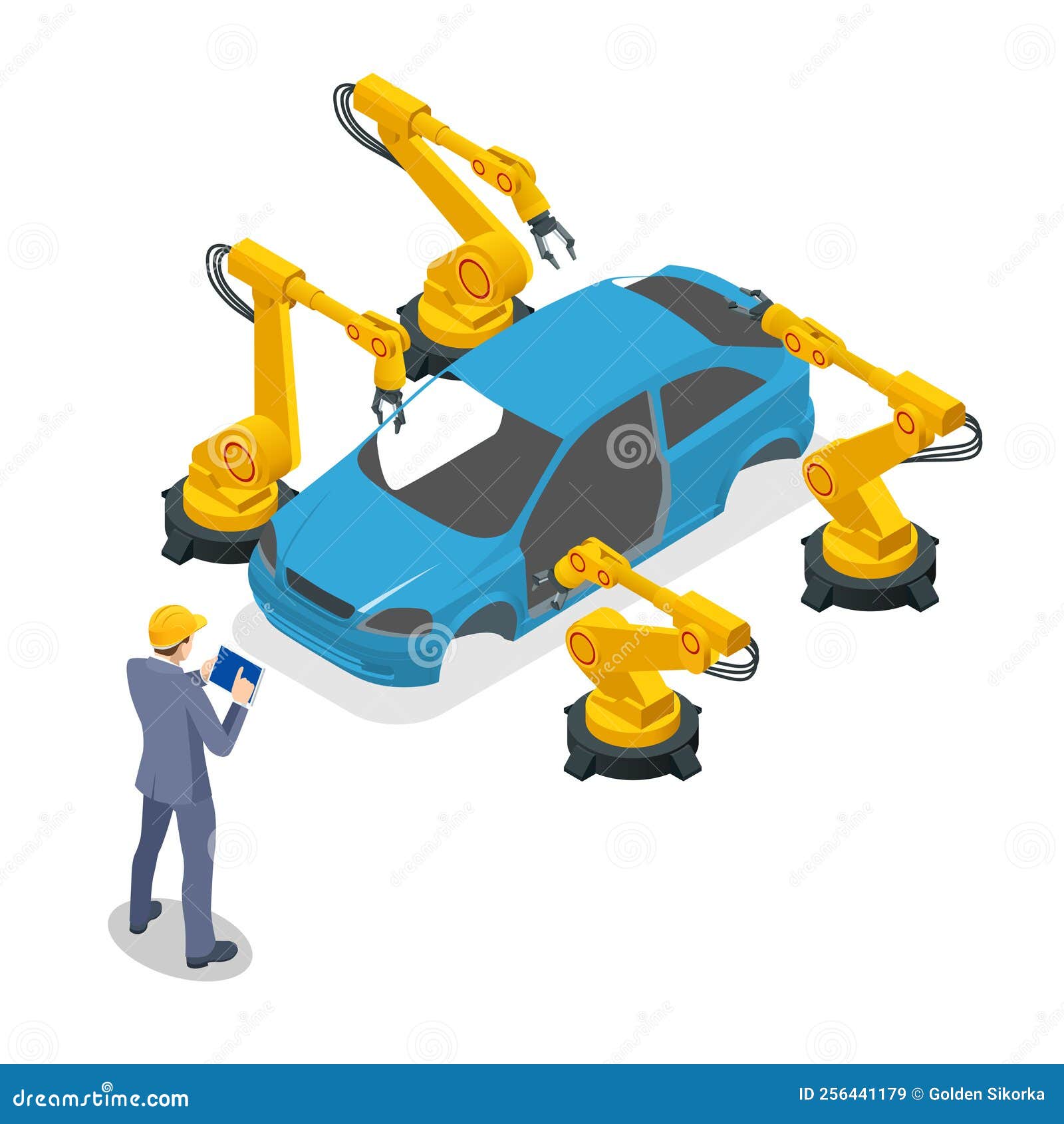 Isometric Car Manufacturer, Robot Assembly Line in Car Factory. Car