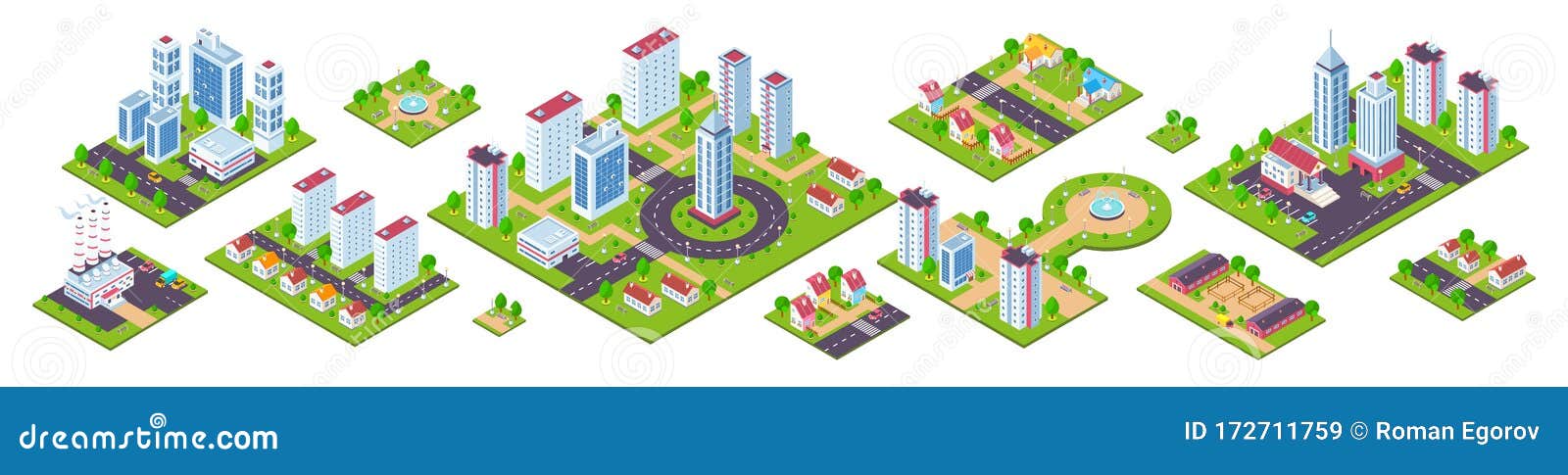 isometric city. 3d real estate houses cars and town constructions, city blocks with streets and nature.  urban