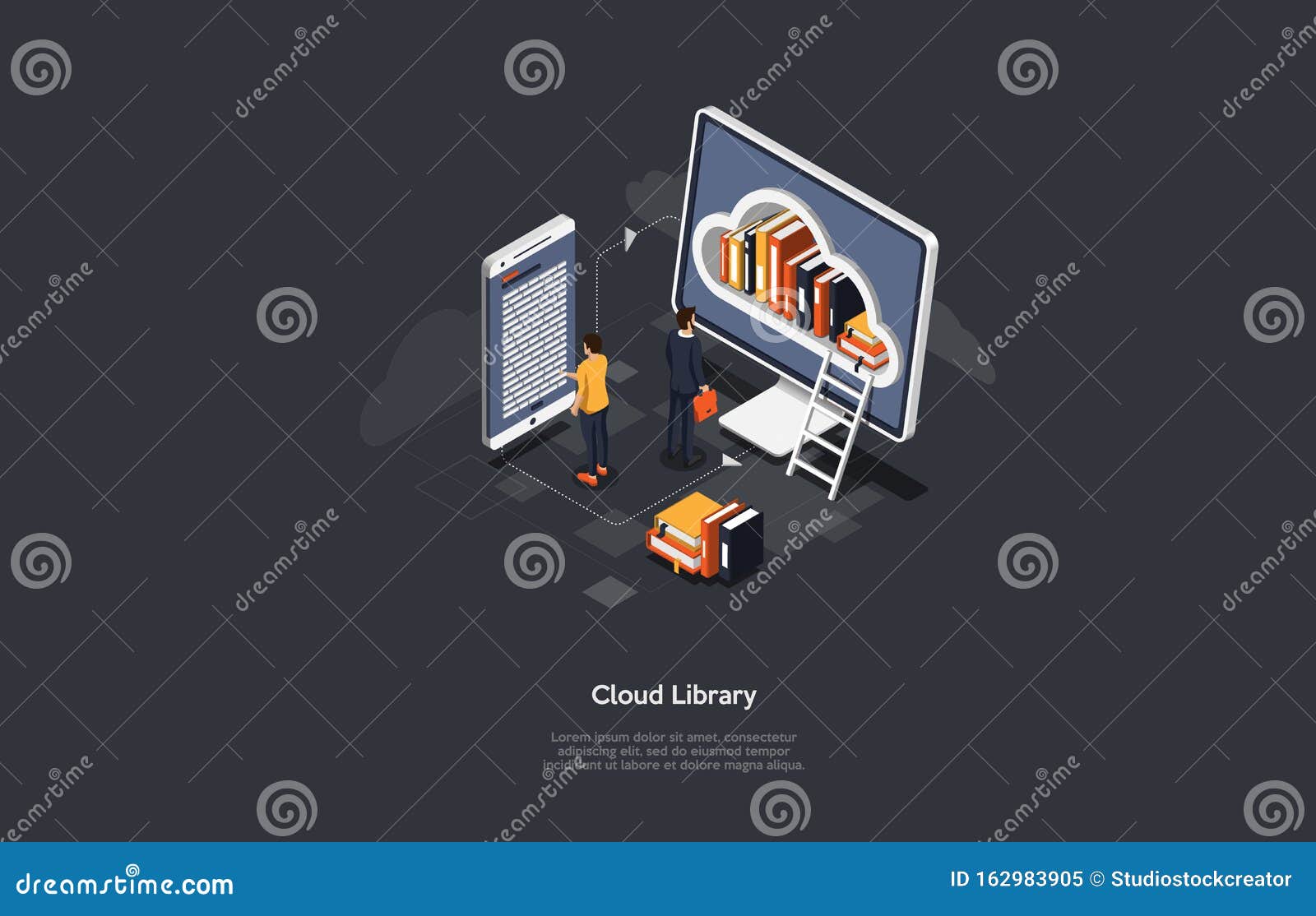 isometric cloud library concept. technology and literature. digital ibrary web banner.