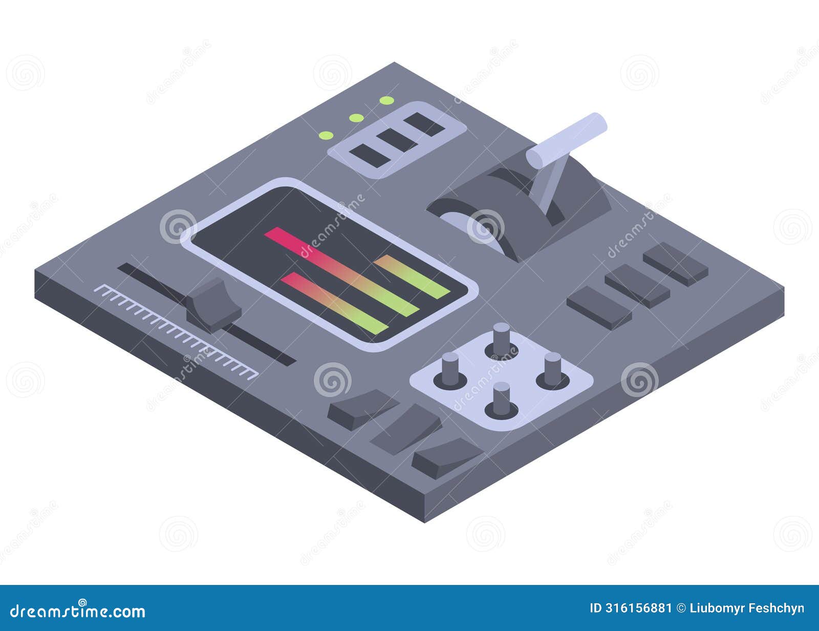 isometric control panel spaceship with slider, controllers, buttons. 3d dashboard on white background. aircraft toggle