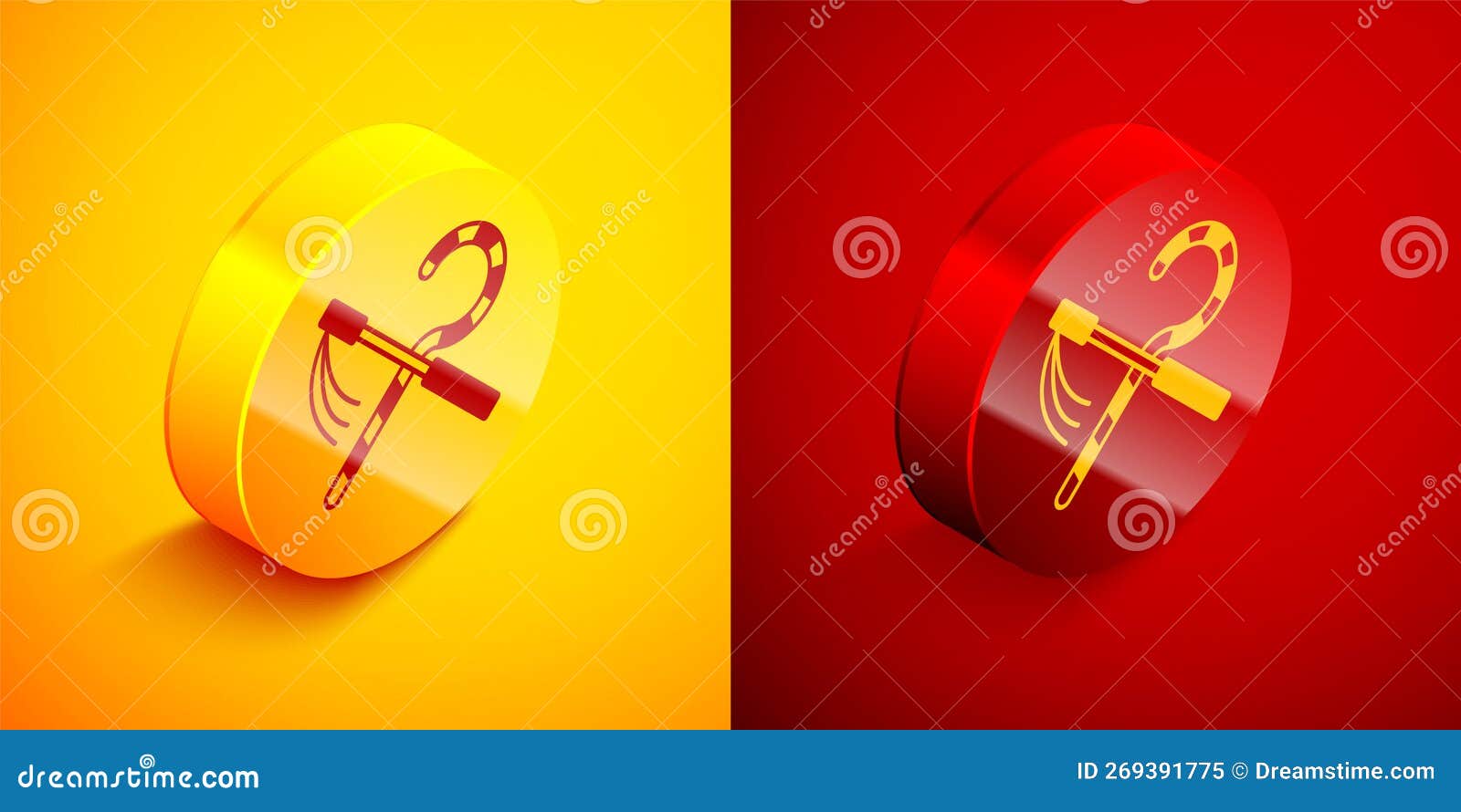 isometric crook and flail icon  on orange and red background. ancient egypt . scepters of egypt. circle