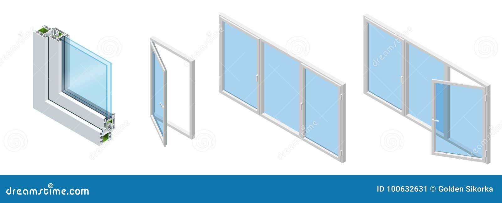isometric cross section through a window pane pvc profile laminated wood grain, classic white. set of cross-section