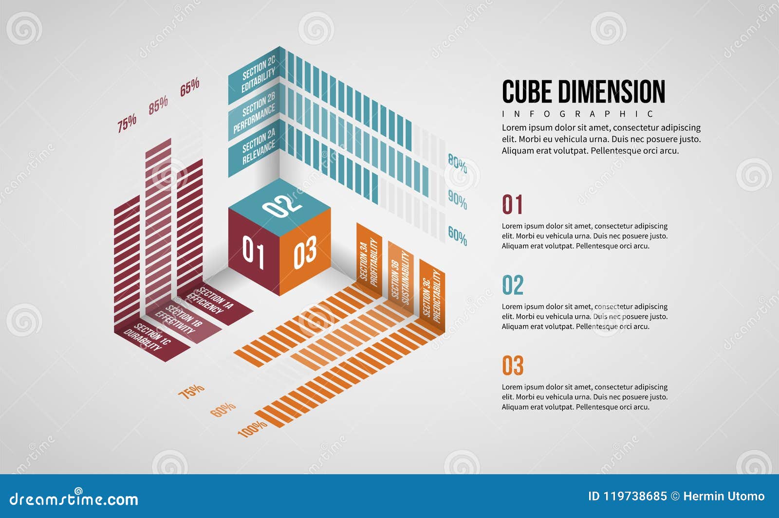 isometric cube dimension infographic