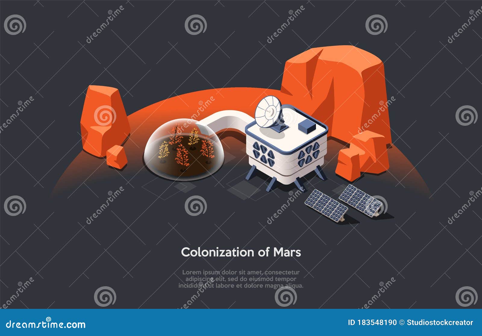 isometric 3d concept of mars colonization mission and space tourism. futuristic space home, garden under dome with