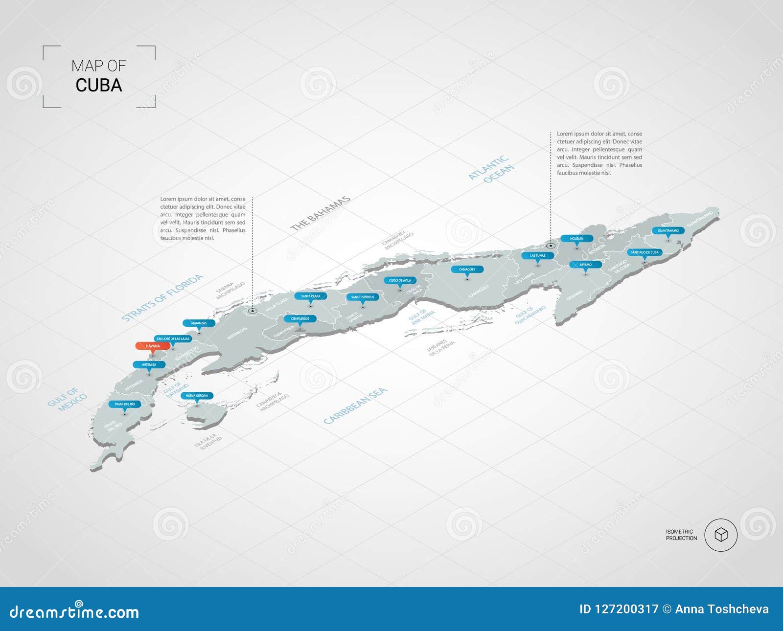 Isometric Cuba Map with City Names and Administrative Divisions. Stock