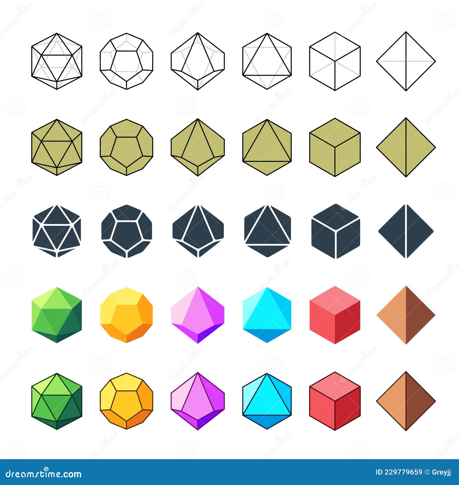 isometric d4, d6, d8, d10, d12, and d20 dice icons for board games