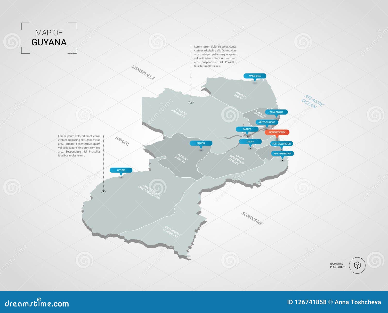 Isometric Guyana Map with City Names and Administrative Division Stock