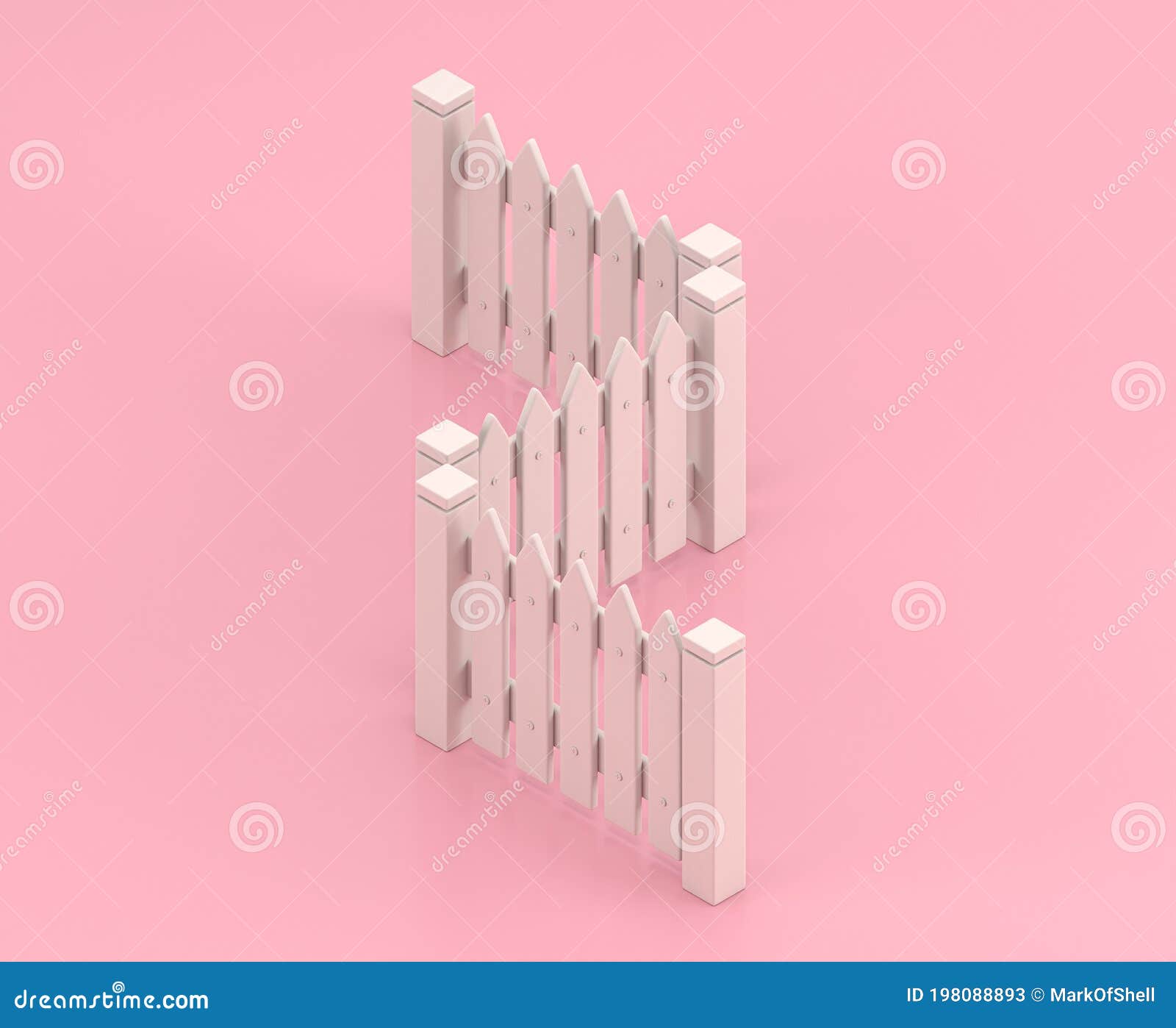 isometric 3d icon, a group of white a zig-zag d fances in flat color pink room,single color white, cute toylike gardening