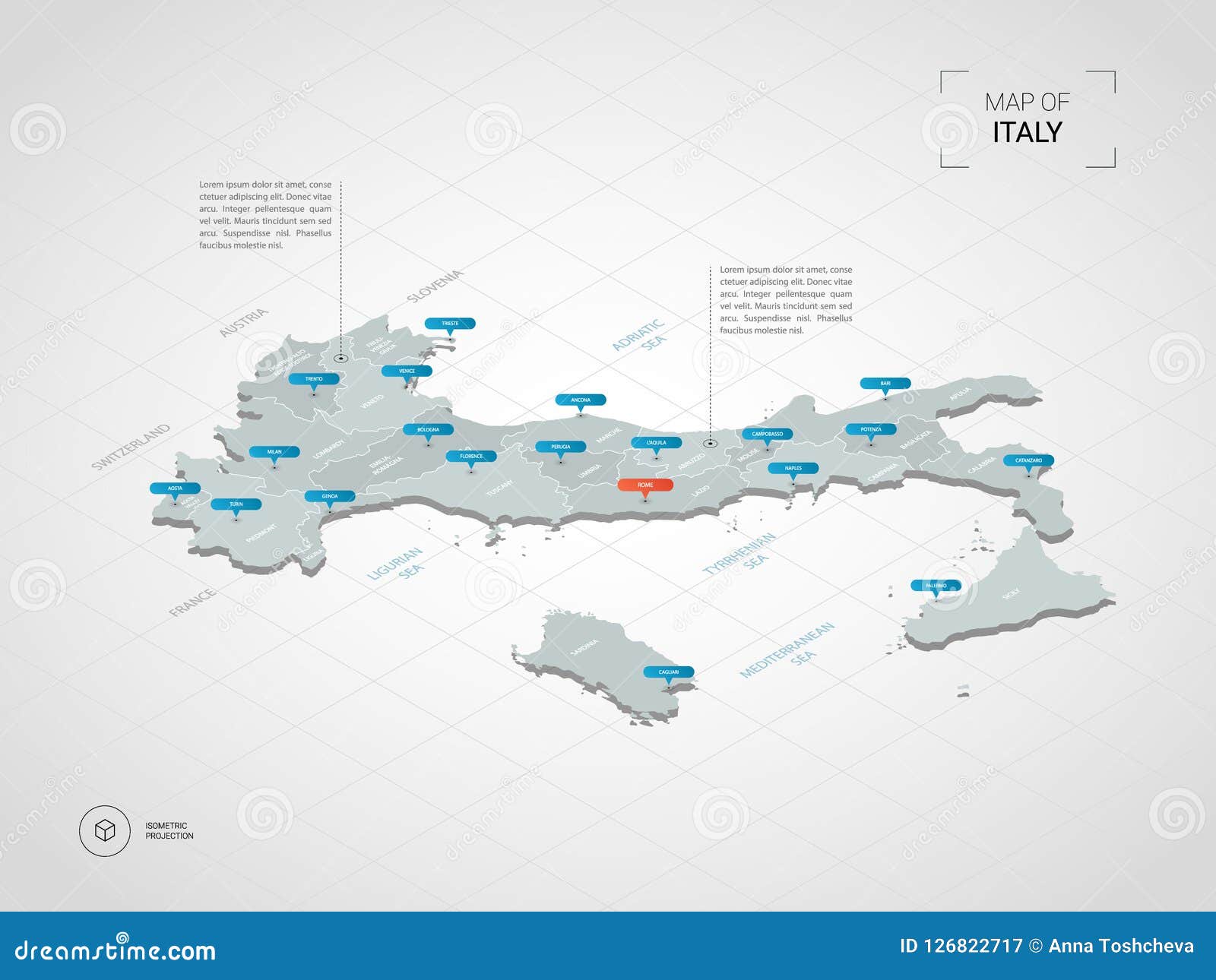 Isometric Italy Map With City Names And Administrative Divisions Stock Vector Illustration Of Blue Education