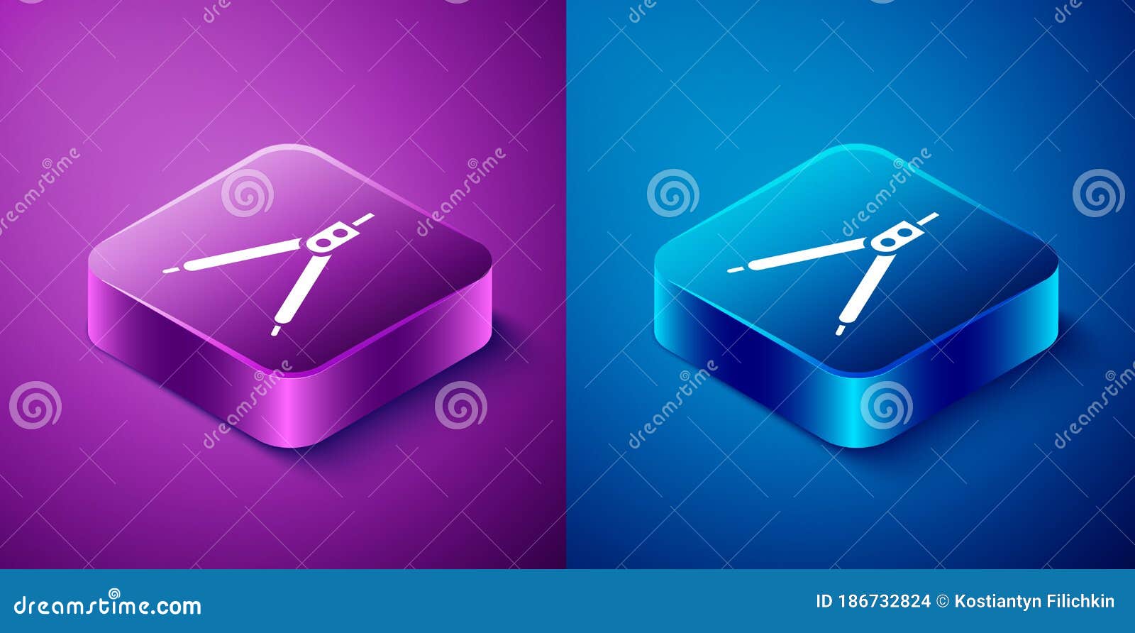Isometric Drawing Compass Icon Isolated on Blue and Purple Background ...